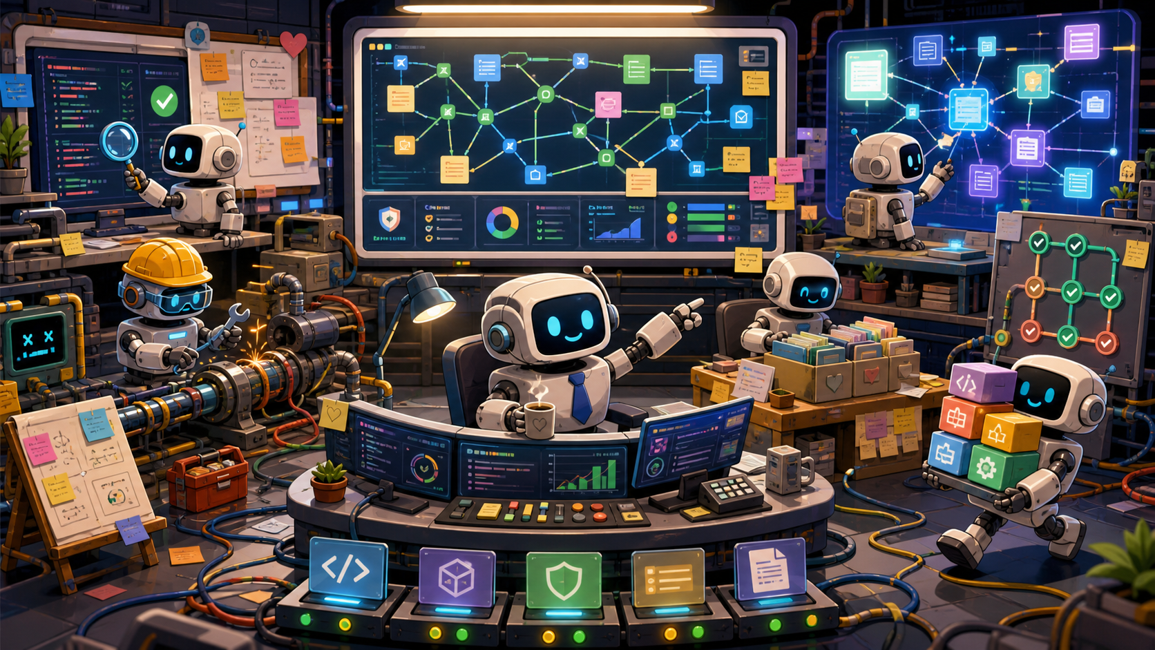 A manager AI and worker AI agents maintaining repository maps, skills, memory, test dashboards, and verification gates together