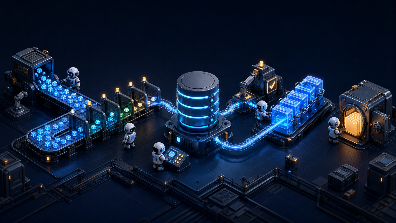 A dark 3D workbench where usage events pass through a pricing timeline and resumable billing close into a ledger and sealed invoice archive
