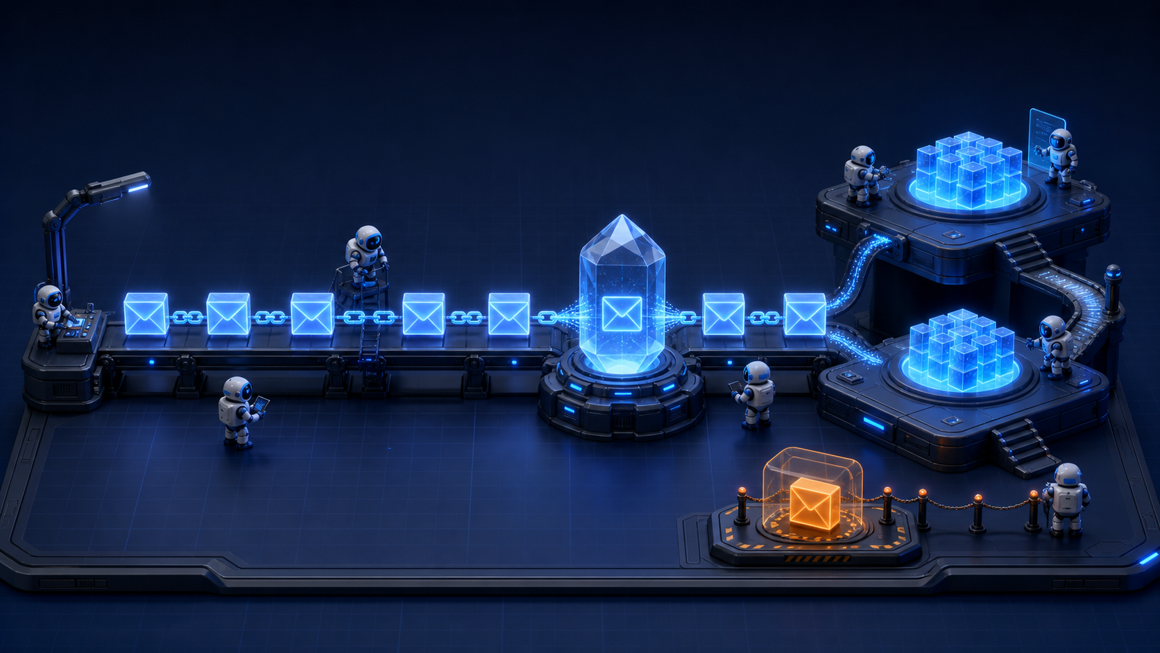 A dark 3D workbench where an immutable event stream passes through a snapshot into two projection generations while one failed event is quarantined