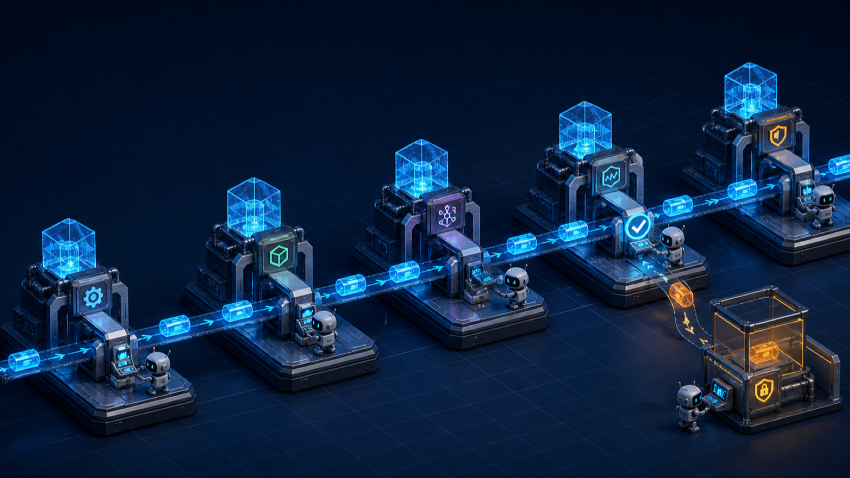 A dark 3D workbench where five services own separate data stores, duplicate messages are absorbed, and malformed messages are diverted into isolation