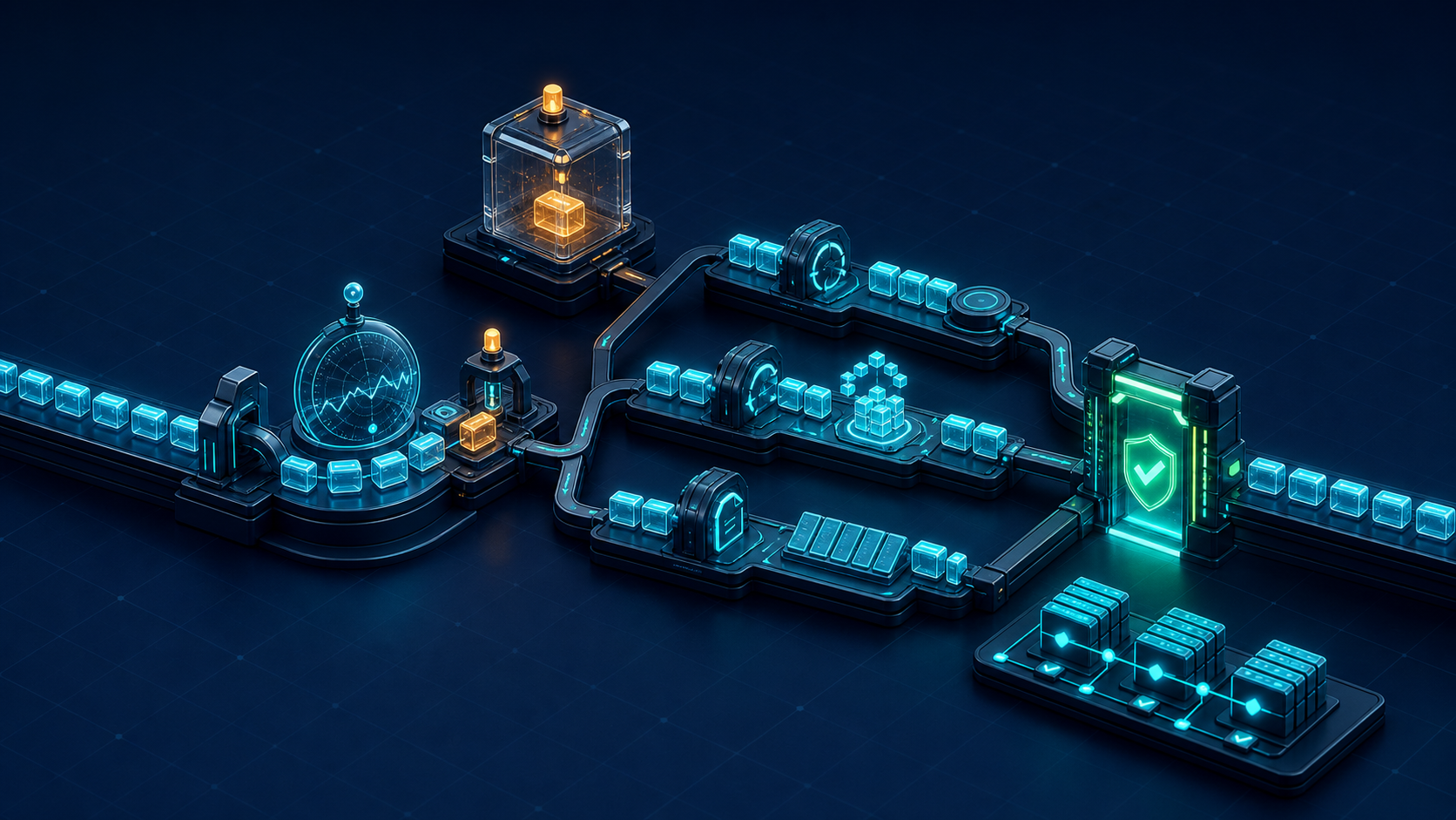 A dark 3D operations bench where a failed billing event is detected and isolated before three recovery paths converge at a reconciliation gate