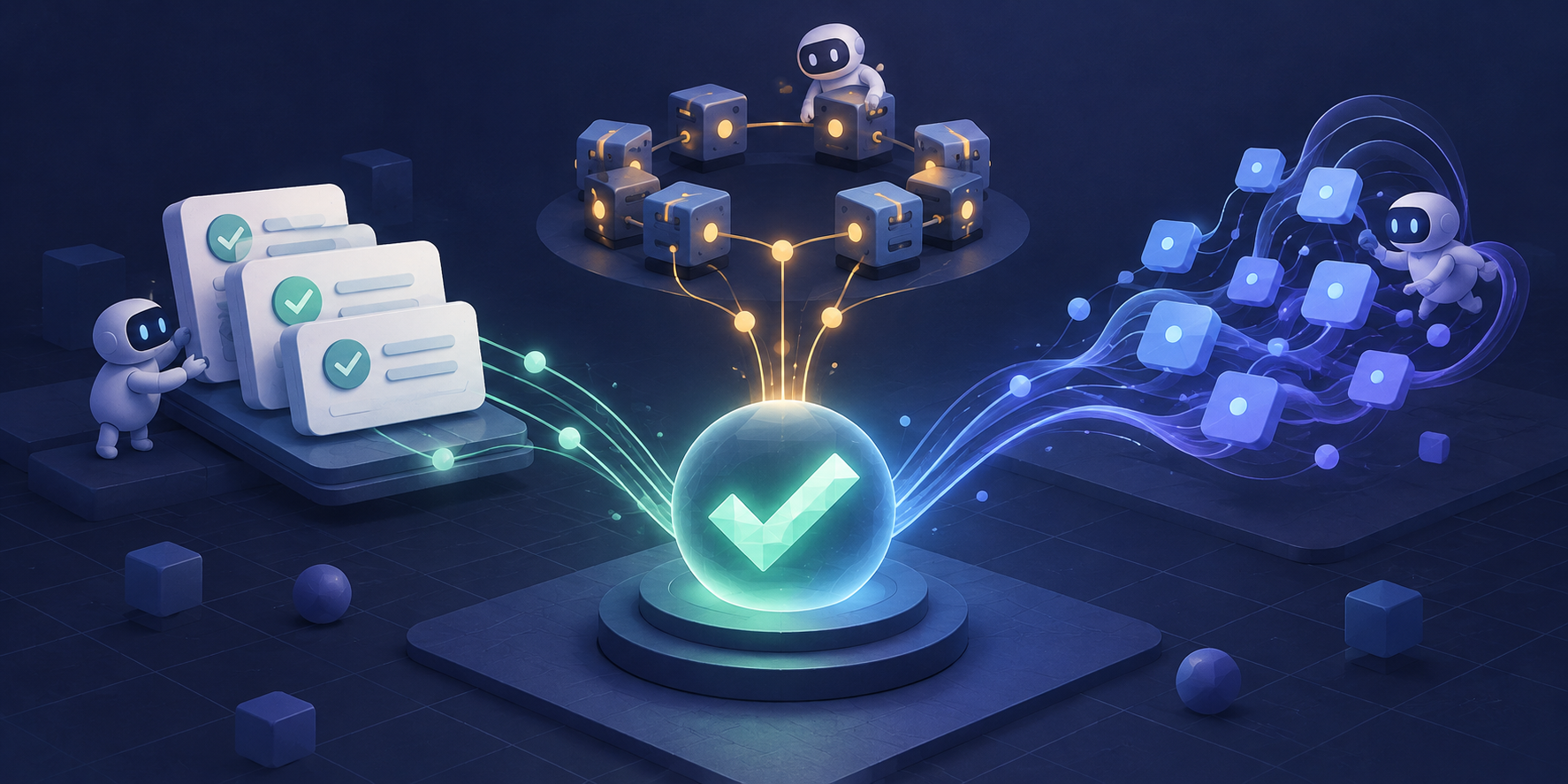 Technical illustration of assertion cards, platform threads, virtual threads, and coroutine flows converging on one stability check