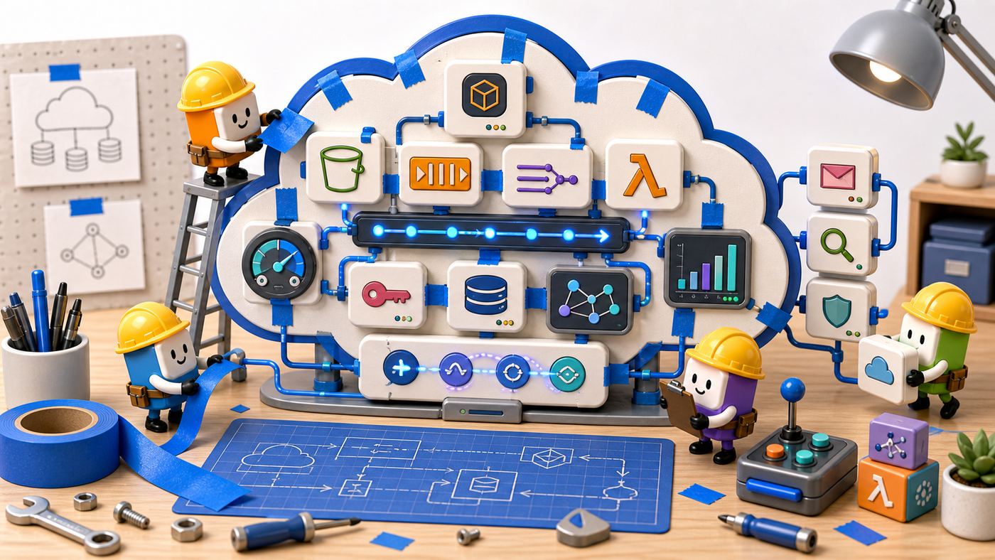 Small robotic operators wiring AWS service blocks and local test equipment on a Kotlin workbench