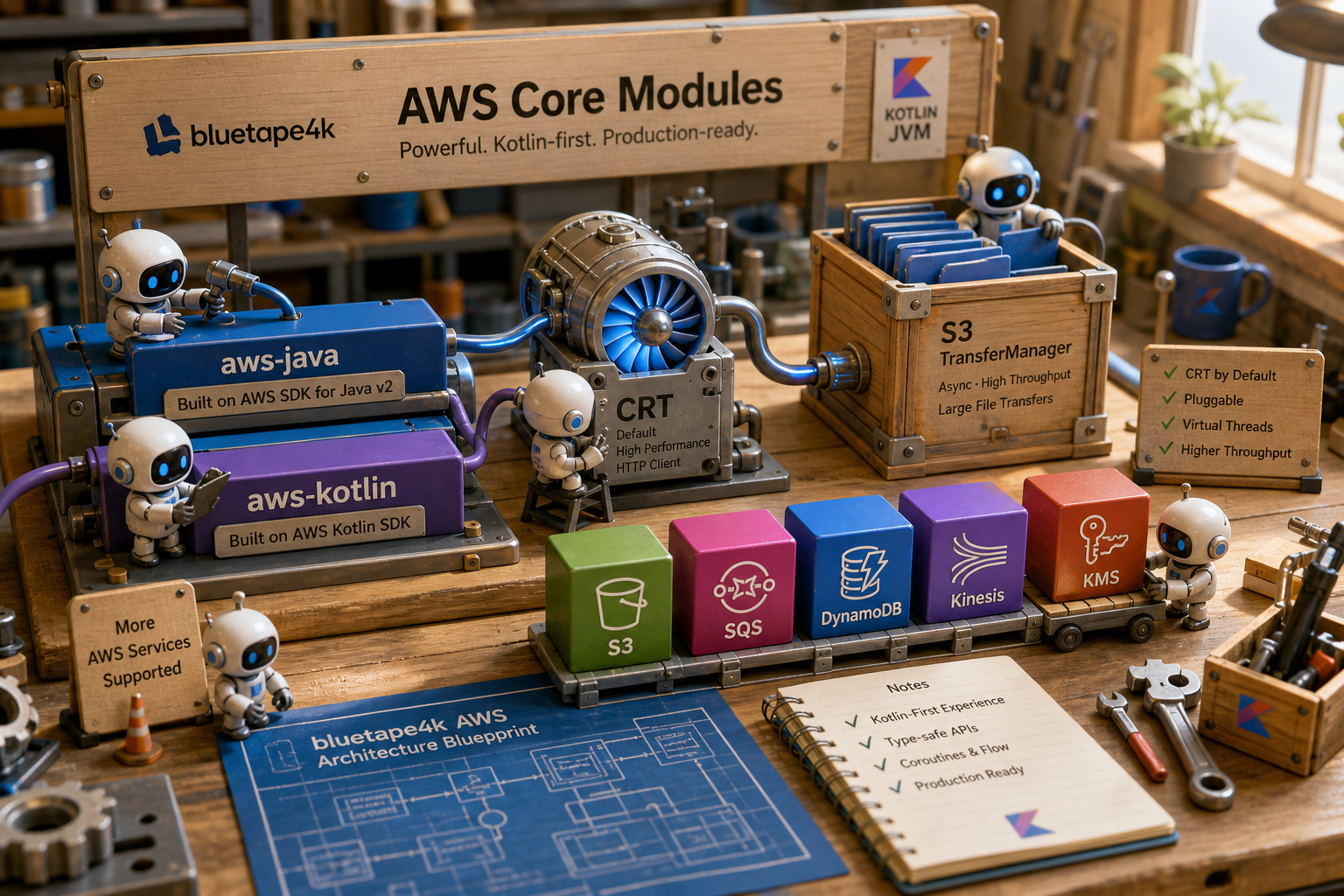 Small robotic operators wiring aws-java, aws-kotlin, CRT engine, and S3 TransferManager blocks on a Kotlin workbench