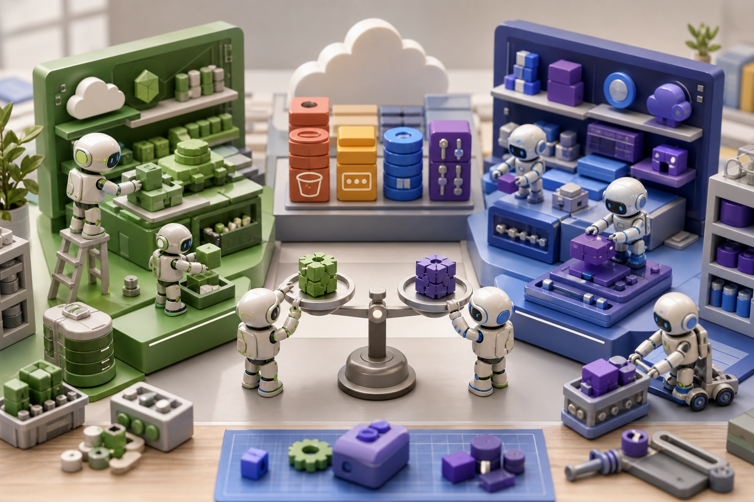 A 3D illustration of small robotic operators comparing AWS service blocks on a scale between a green Spring workbench and a blue Kotlin workbench
