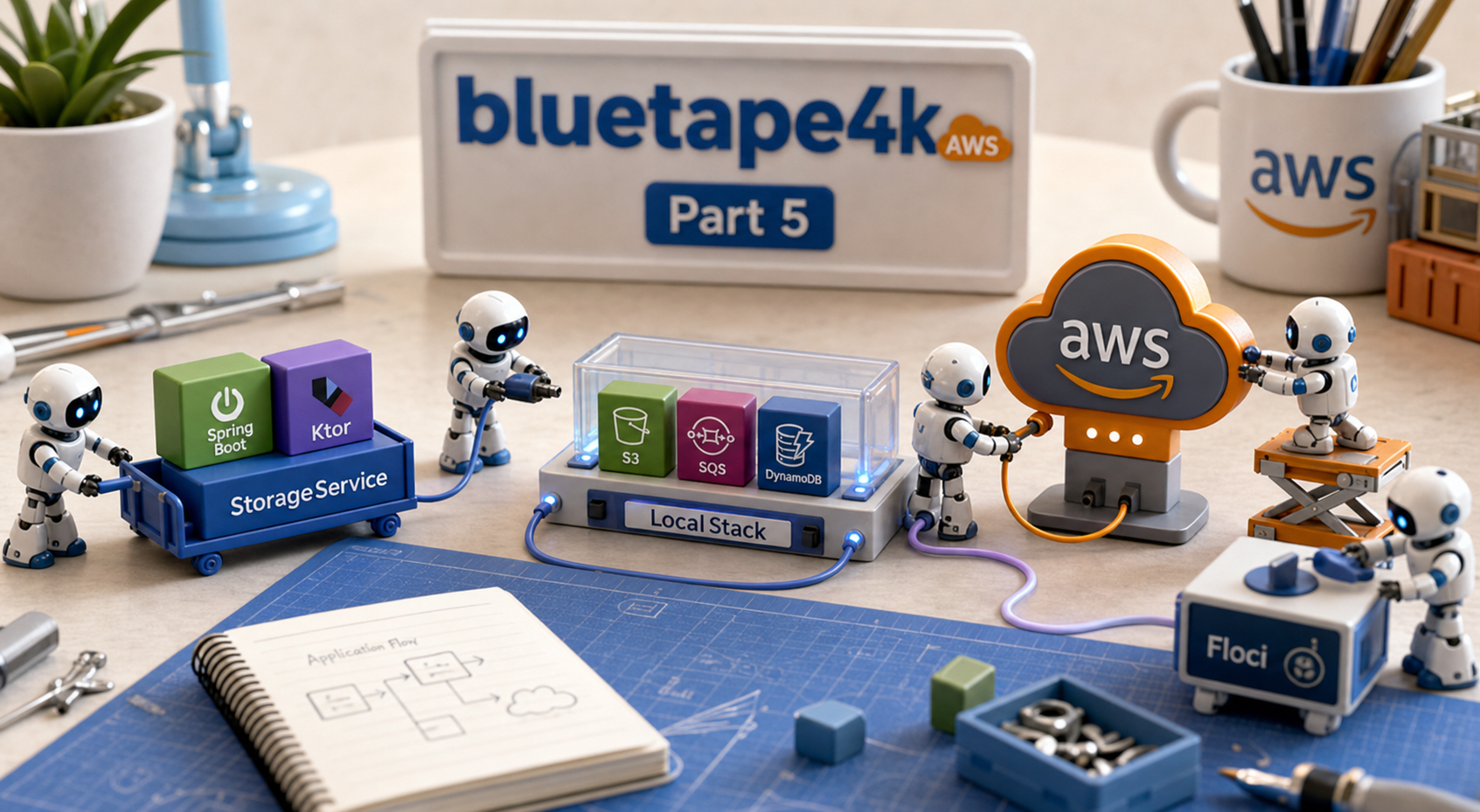 A 3D illustration of small robotic builders assembling Spring Boot, Ktor, S3, SQS, DynamoDB, StorageService, LocalStack, and Floci blocks into an AWS example lab