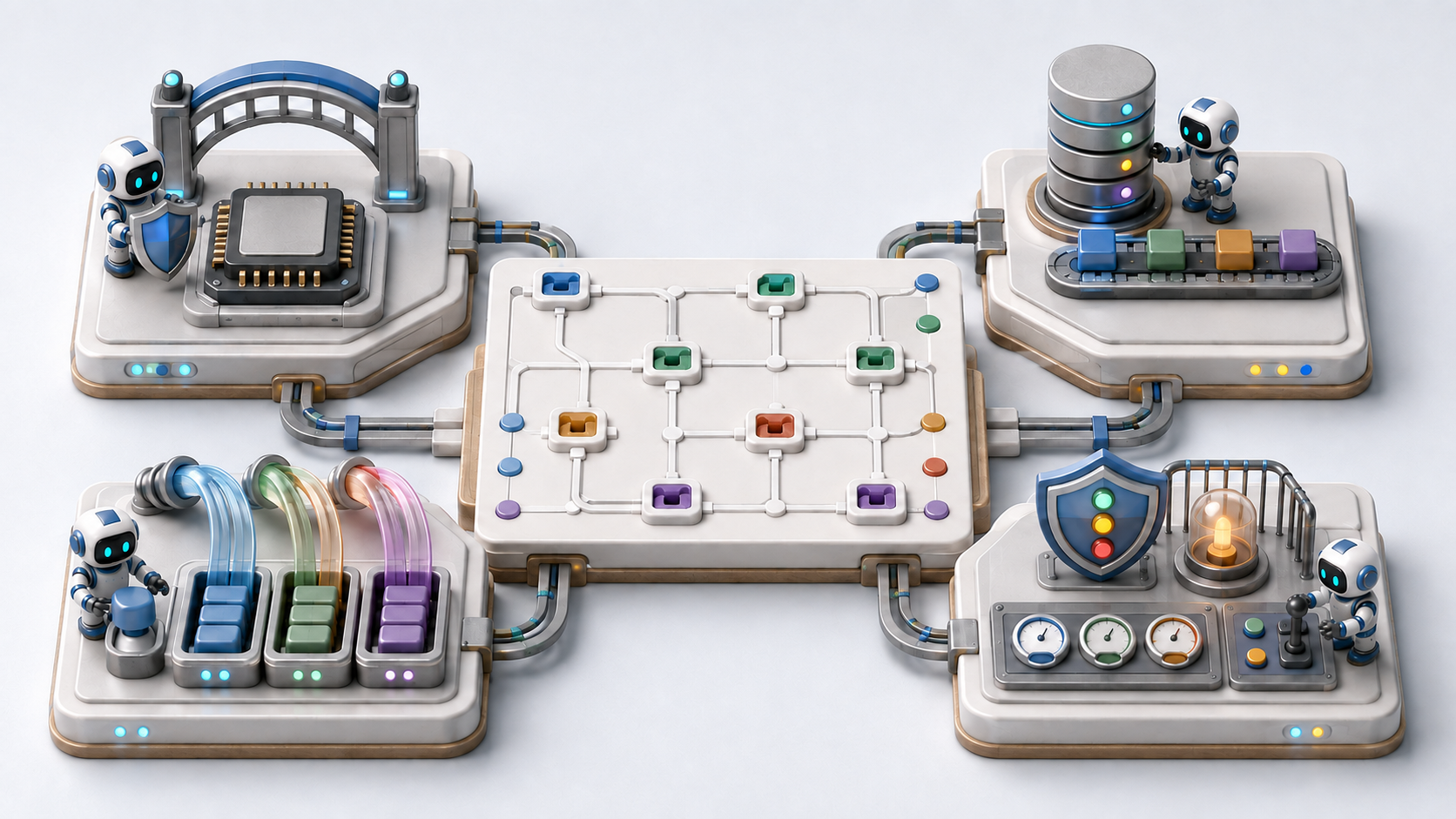 A 3D miniature workshop where a central BOM board branches into compatibility, data, messaging, and operational-safety stations