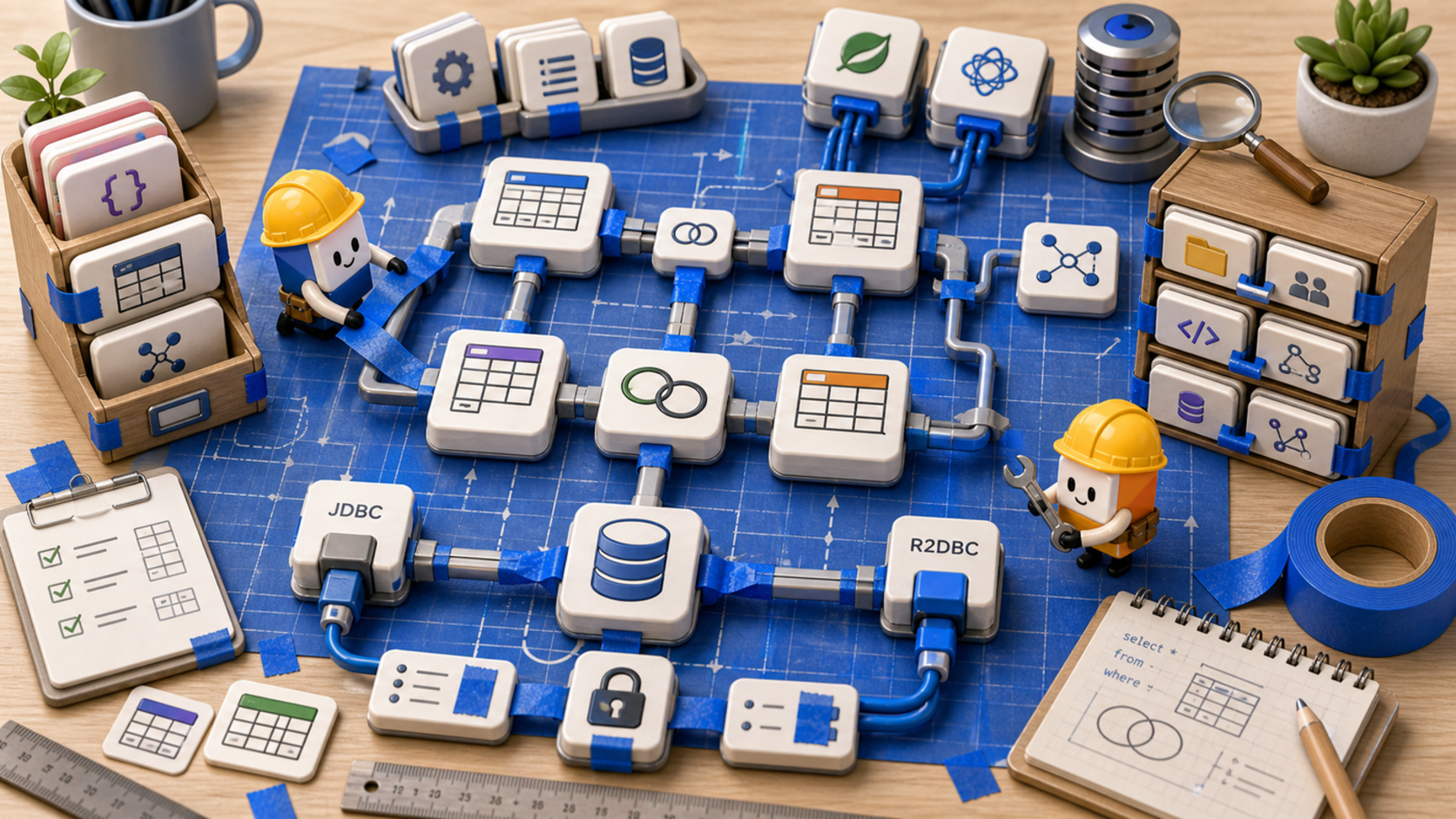 Small robotic builders assembling Exposed JDBC and R2DBC blocks on a blue blueprint workbench