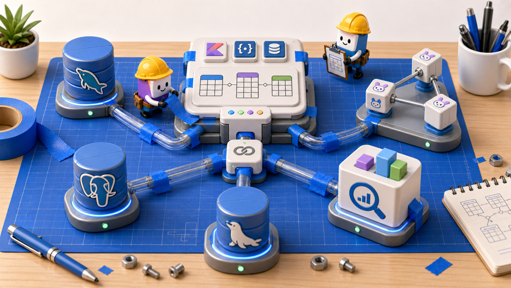 Small robotic builders handling PostgreSQL, SQL DSL, and repository blocks on an Exposed workshop bench