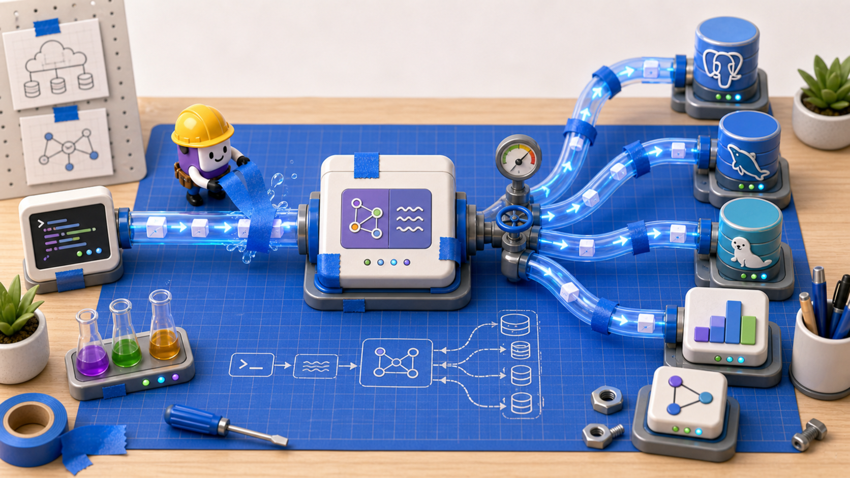 Small robotic builders connecting R2DBC pipes and PostgreSQL blocks on an Exposed R2DBC workshop bench
