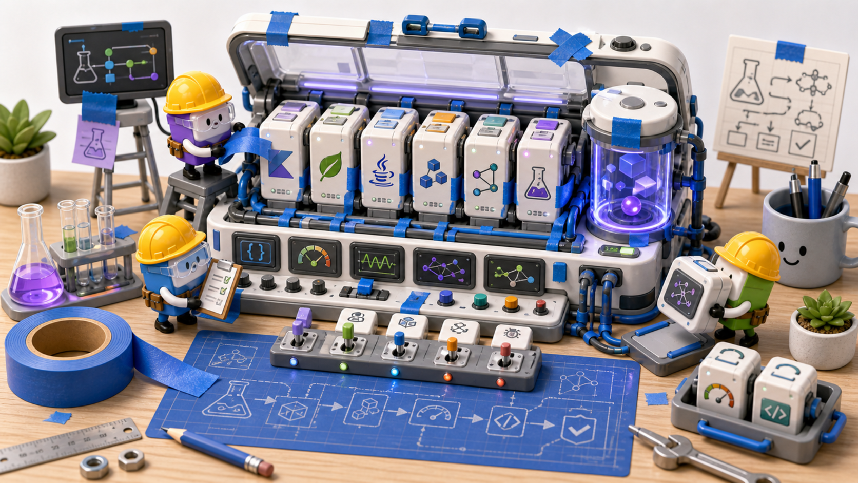 Small robotic builders handling data modules, instrumentation panels, and analytics devices on a lab-style workbench