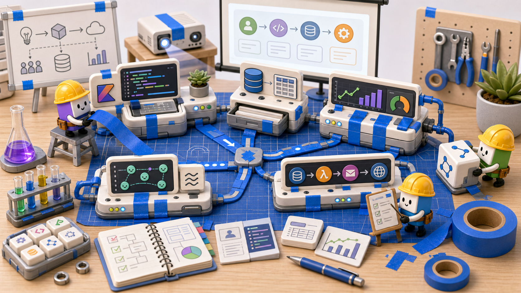 Small robotic builders connecting service, cache, metrics, and data pipes on a production example workbench