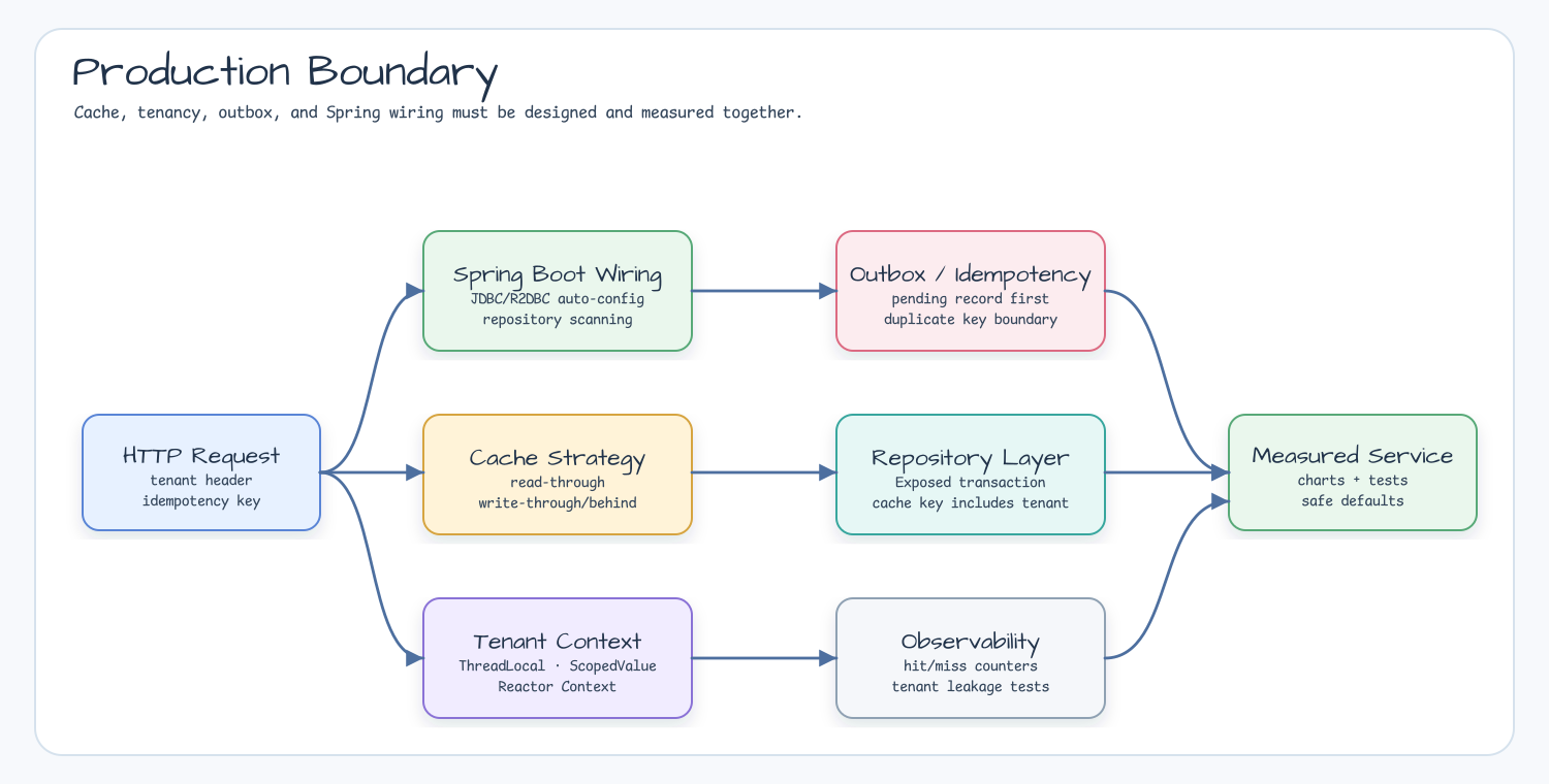 Production boundary diagram from HTTP request through Spring Boot wiring, cache strategy, tenant context, outbox idempotency, repository layer, and observability to measured service