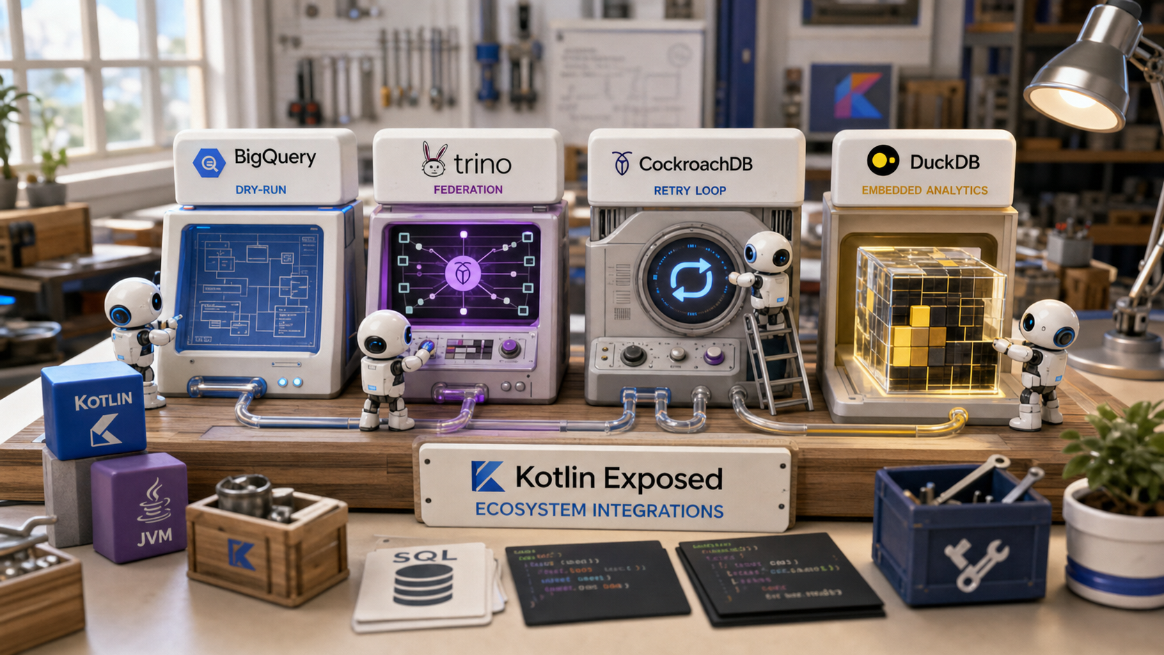 A 3D diorama where small robotic builders assemble BigQuery dry-run, Trino federation, CockroachDB retry loop, and DuckDB embedded analytics stations