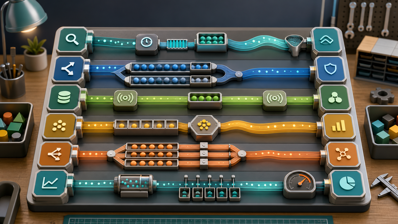 A 3D workbench illustration where colorful Kotlin Flow lanes pass through debounce, fallback, subject bridge, aggregation, parallel enrichment, and metrics sampling modules