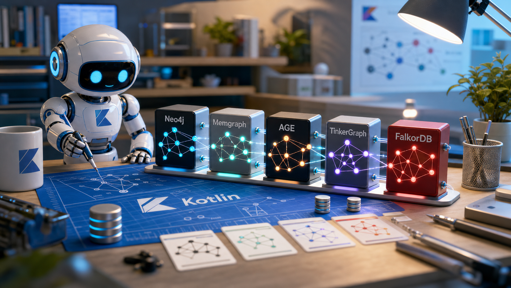 A robotic engineer comparing Neo4j, Memgraph, AGE, TinkerGraph, and FalkorDB graph database blocks on a 3D workbench