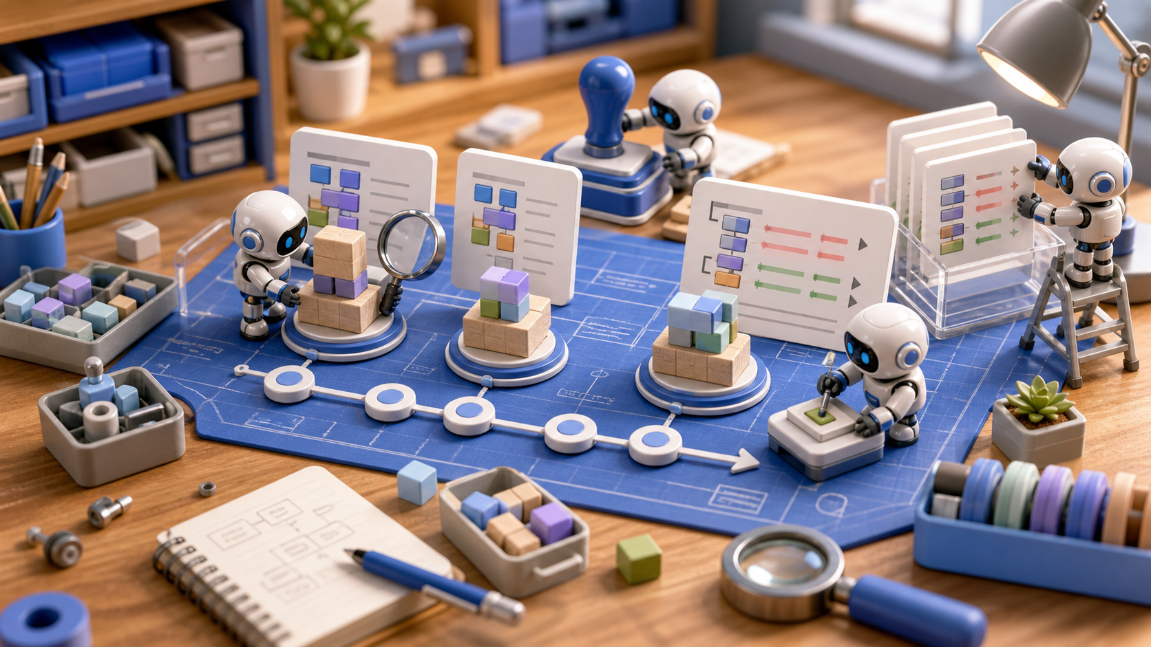 Robotic builders assembling GraphOperations, Schema DSL, transaction, and coroutine execution model blocks on a 3D workbench