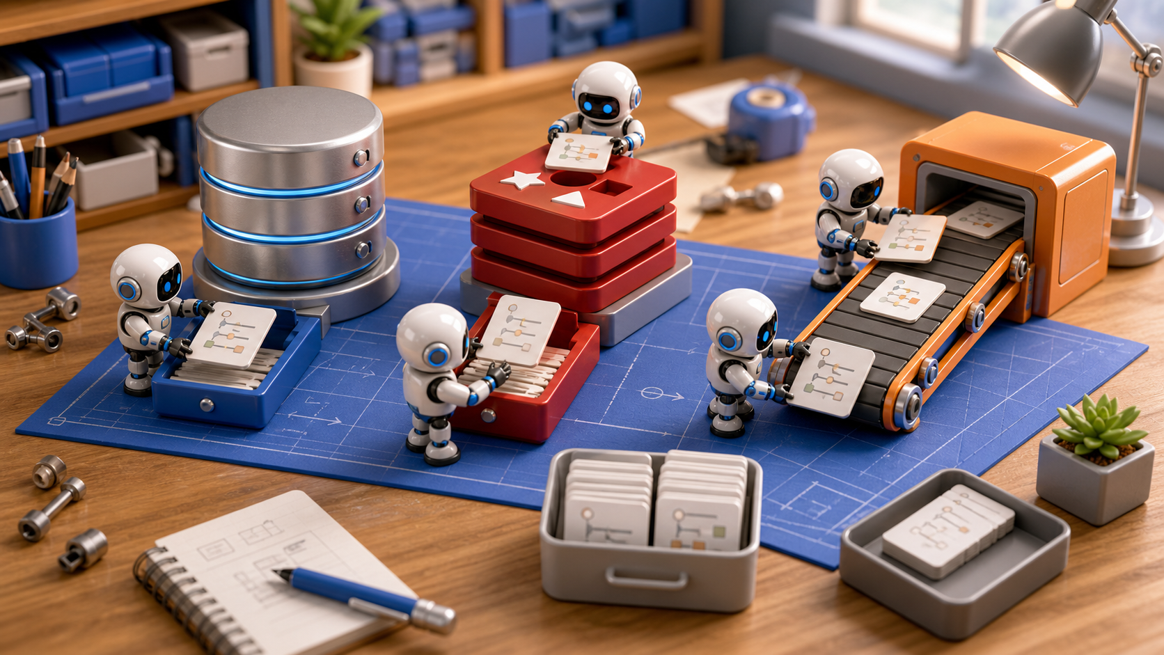 Robotic builders moving CSV, NDJSON, GraphML, and OkIO files through a graph import/export conveyor on a 3D workbench