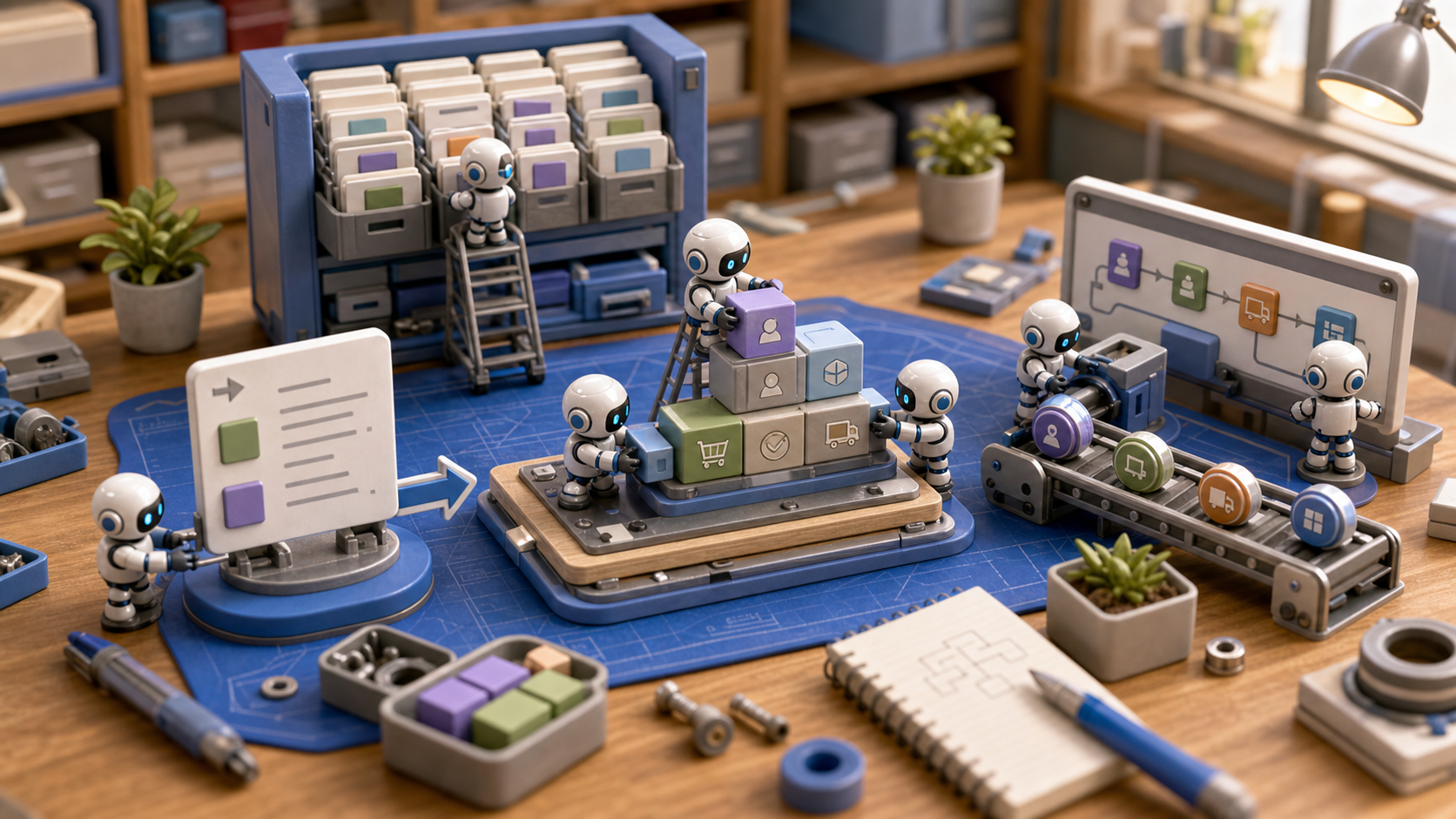 Robotic builders reviewing abuse detection, recommendation, knowledge graph, and social network graph boards on a 3D workbench