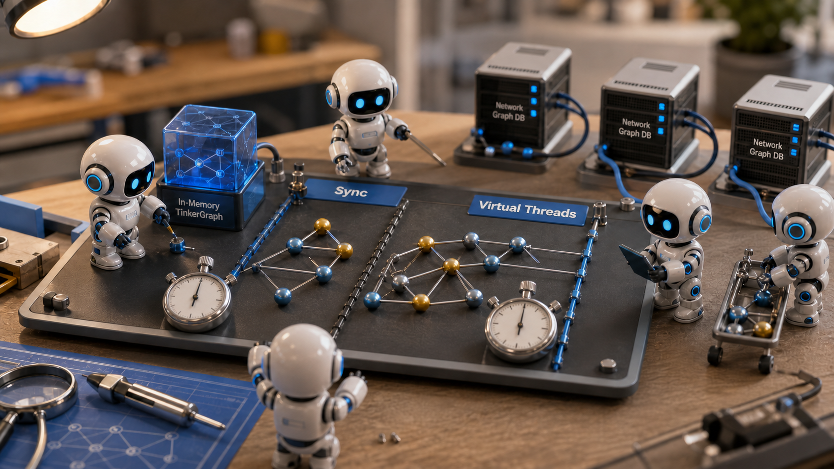 Robotic builders inspecting Sync and Virtual Threads graph benchmark lanes on a 3D workbench