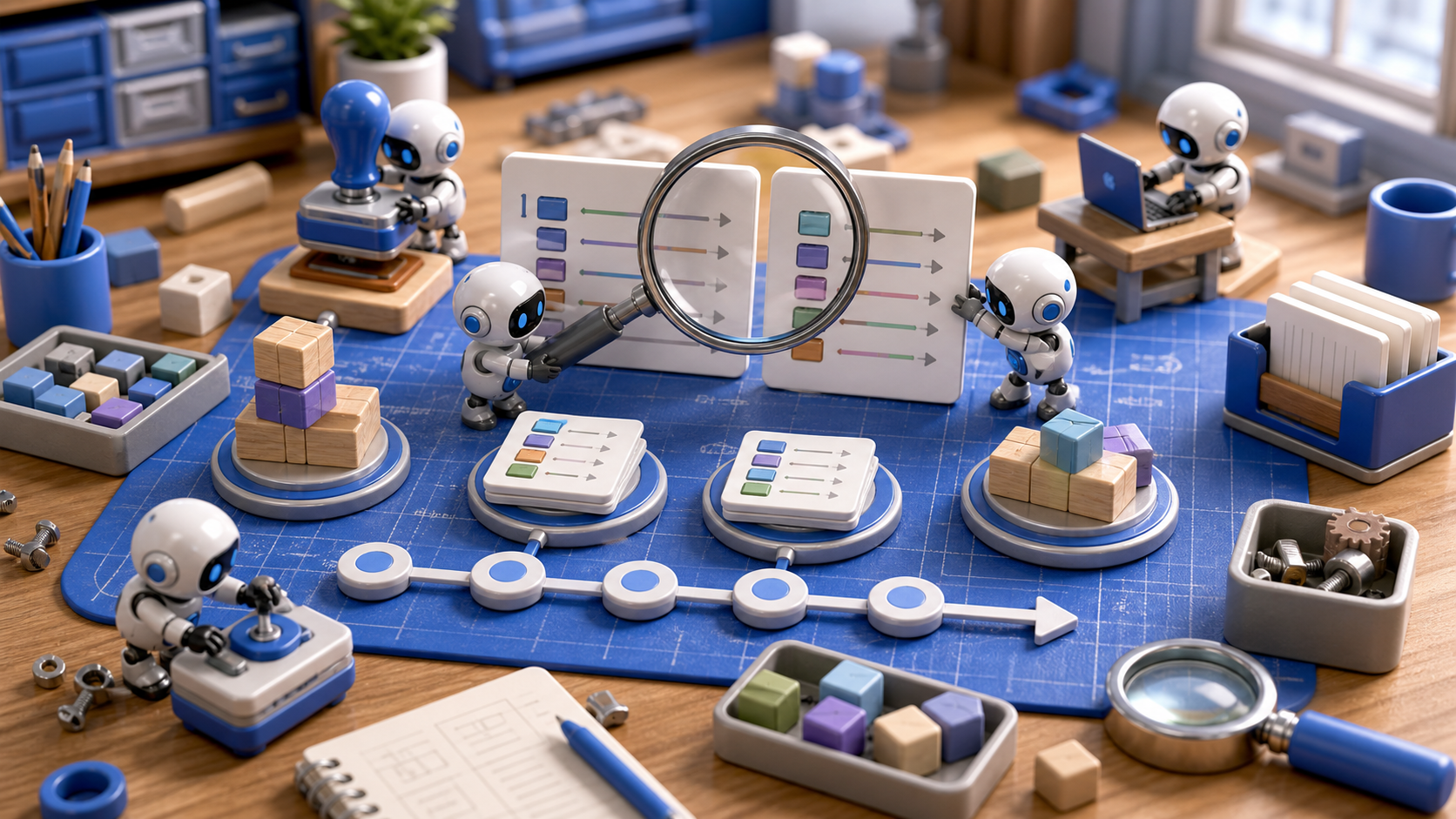 3D workbench illustration of small robotic auditors inspecting JaVers snapshots and diff cards