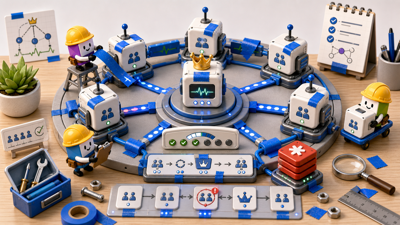 Robotic operators coordinating one elected leader across several service nodes on a workbench