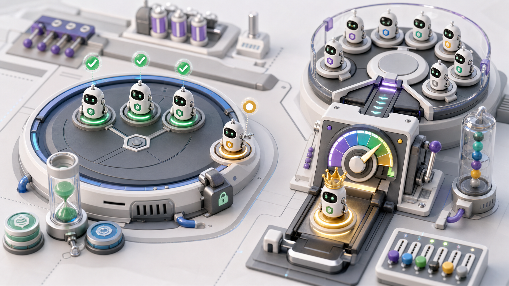 Robotic service nodes comparing multi-leader semaphore slots and strategic candidate scoring on a 3D workbench