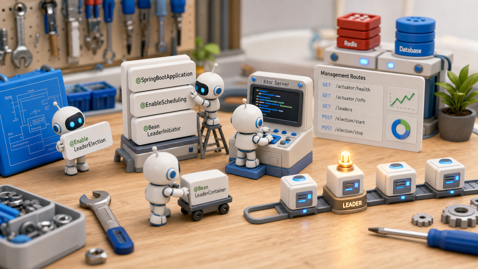 Small robotic builders configuring Spring Boot annotation cards and a Ktor server console while watching a leader election management panel on a 3D workbench