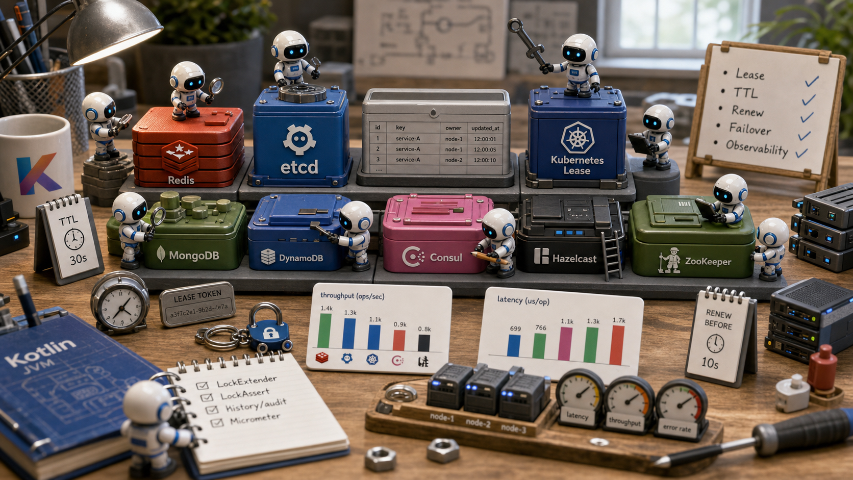 Robotic builders arranging Redis, etcd, SQL, Kubernetes, and observability props on a leader election storage workbench