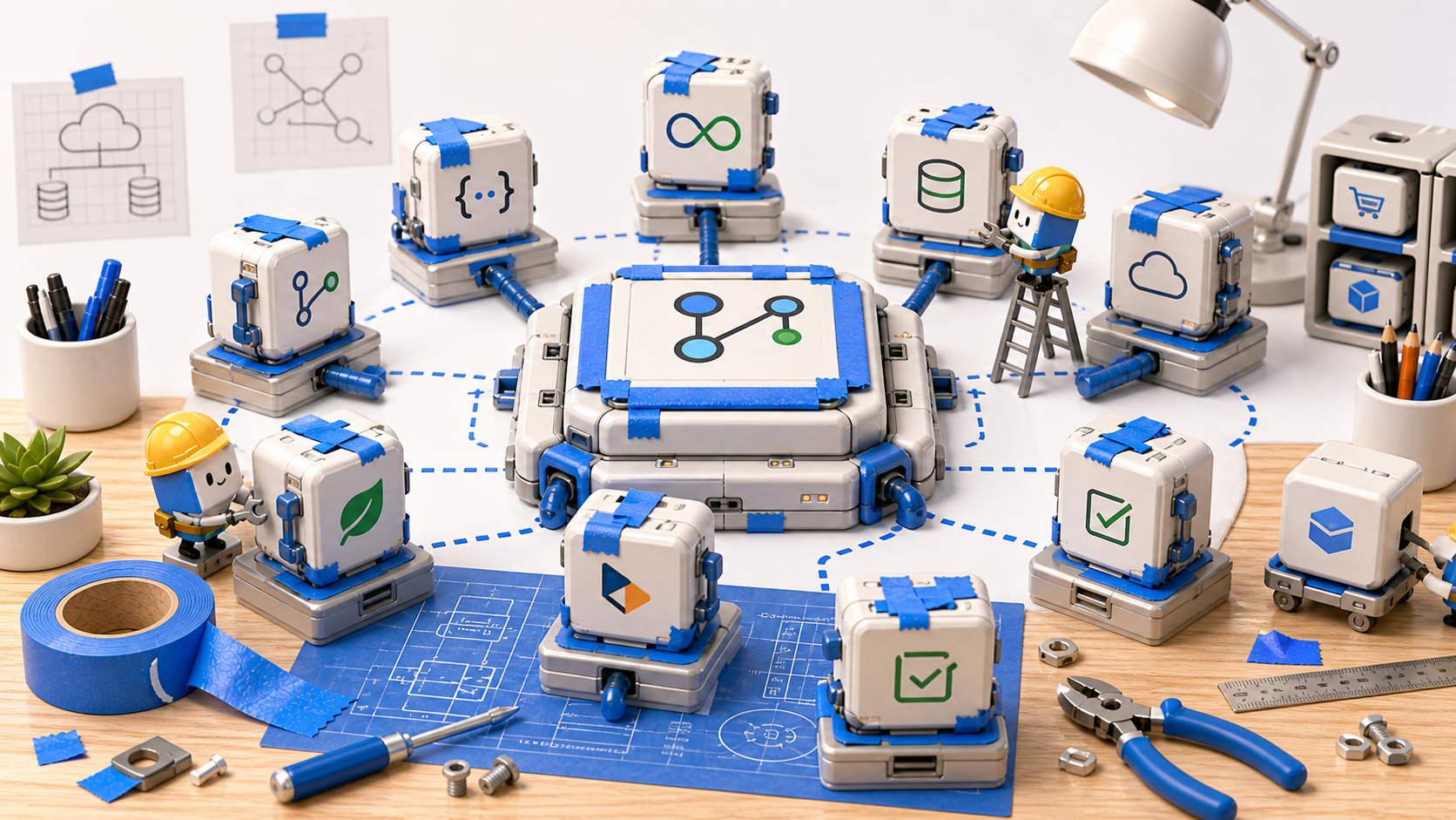 Small robotic builders assembling Kotlin JVM backend module blocks around a shared foundation platform