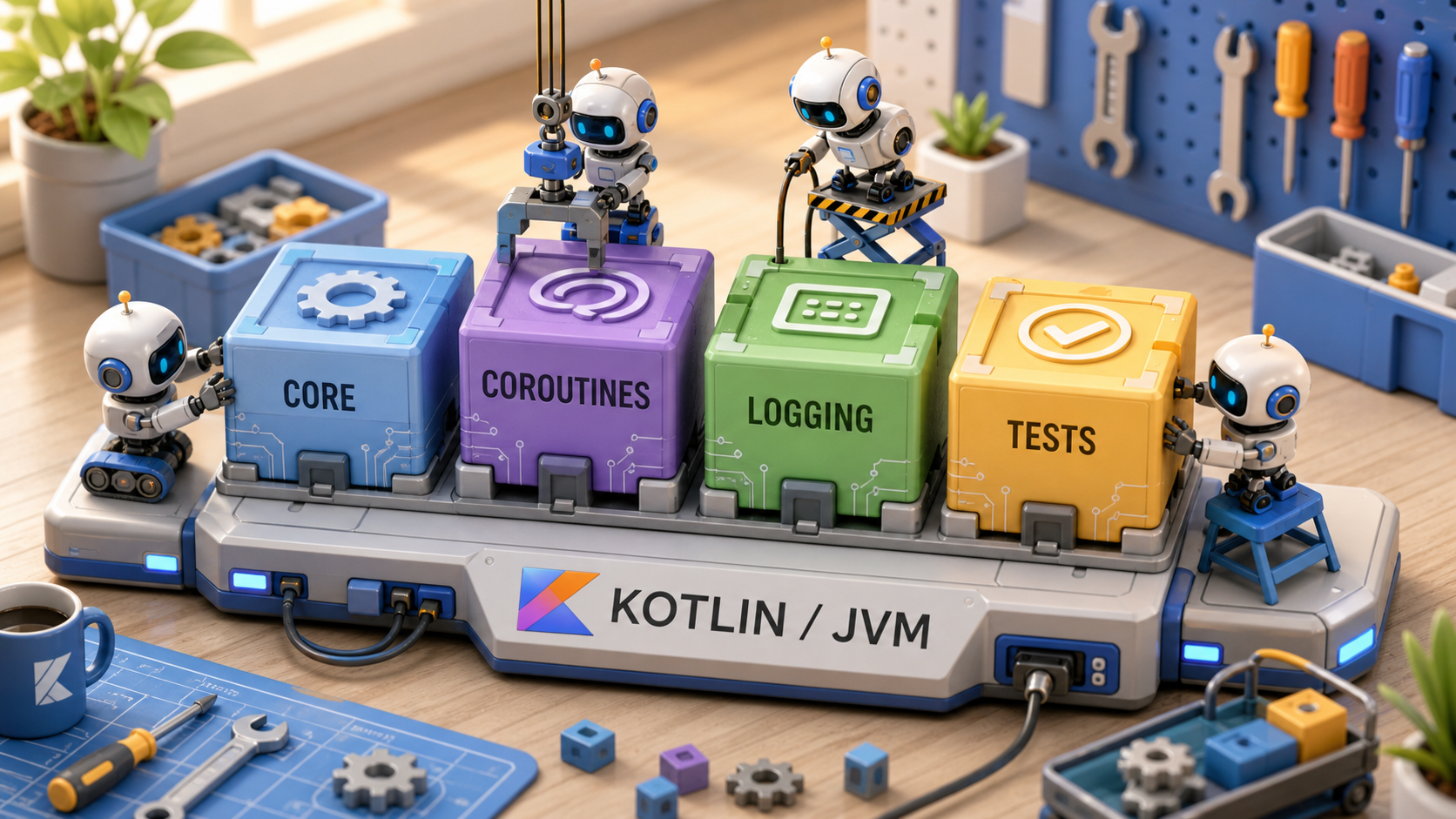 Small robotic builders assembling Core, Coroutines, Logging, and Tests blocks on a Kotlin JVM foundation