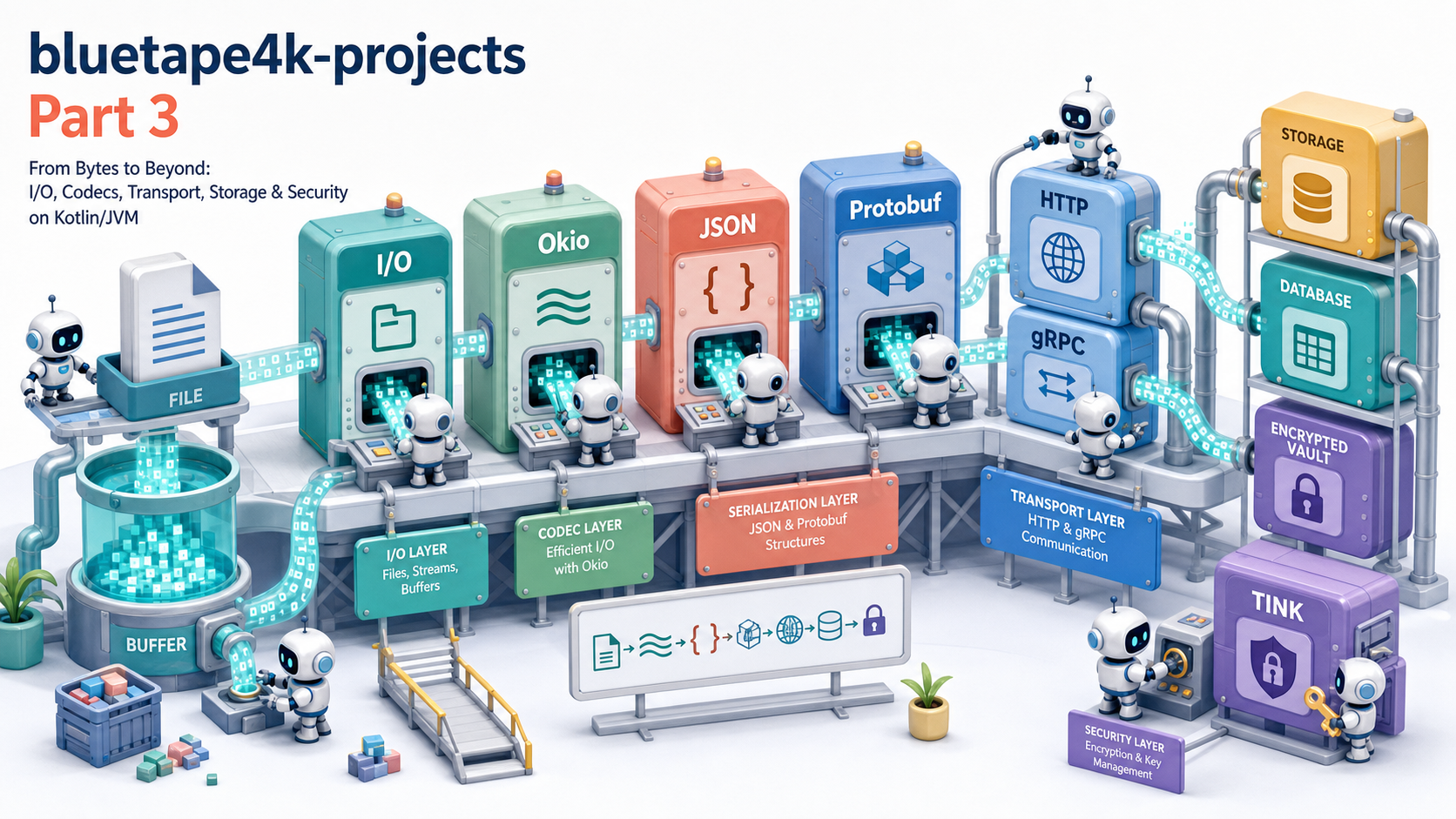 Small robotic builders connect byte streams between I/O, Okio, JSON, Protobuf, HTTP, gRPC, and Tink blocks