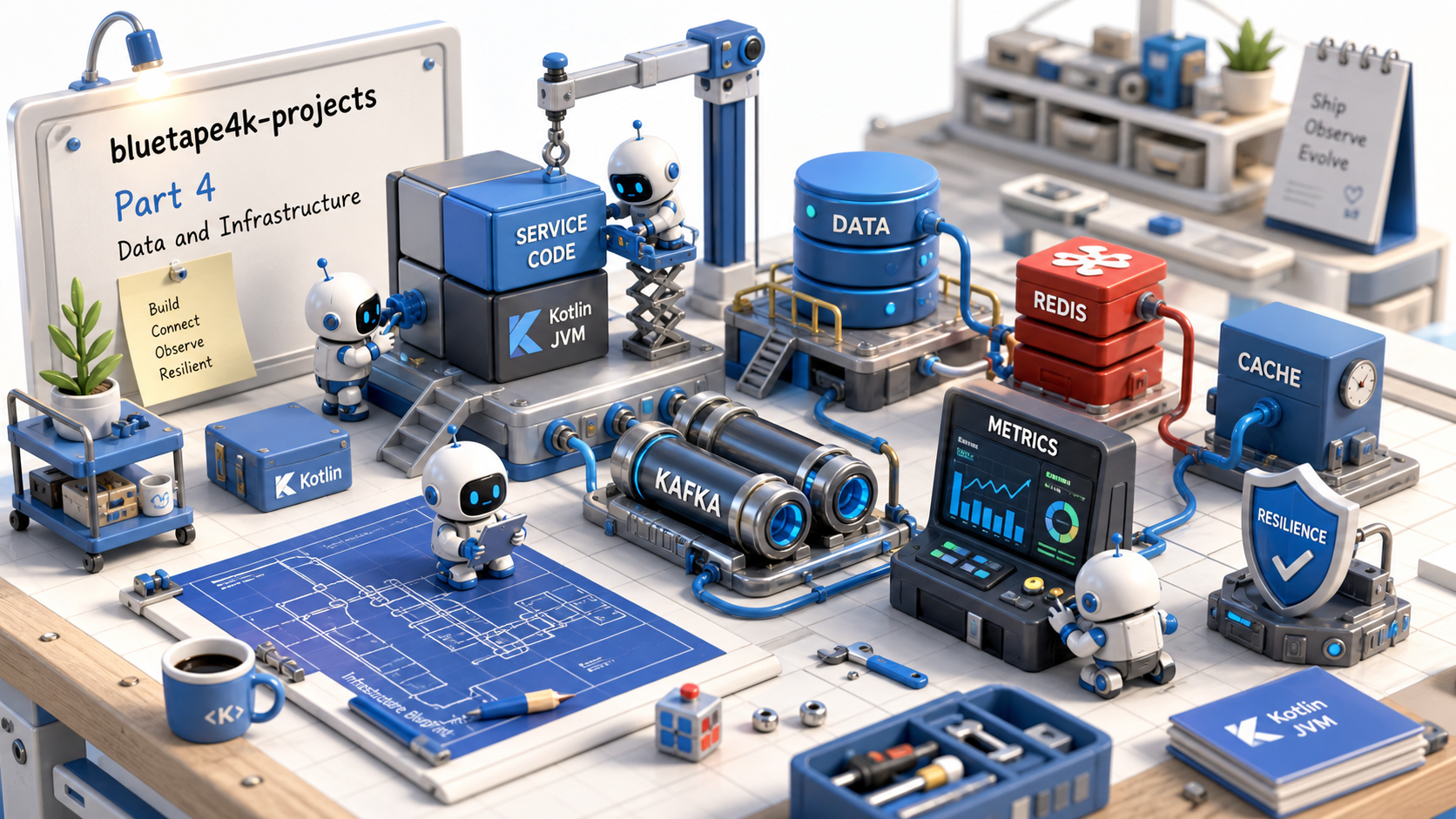 Small robotic builders connect service code with database, Redis, messaging, and observability modules
