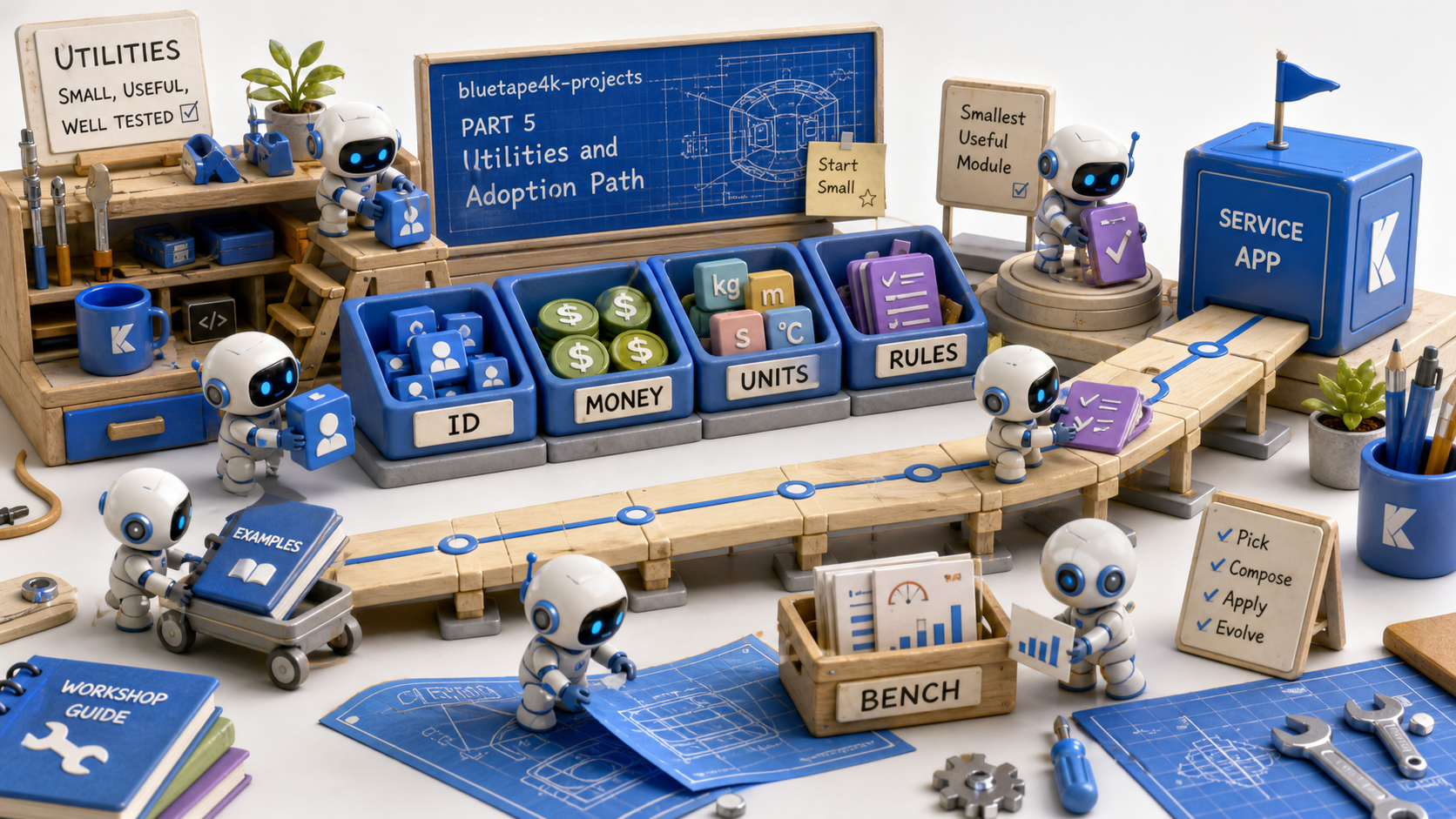 Small robotic builders connect utility modules, examples, workshops, and benchmark notes into a service adoption path