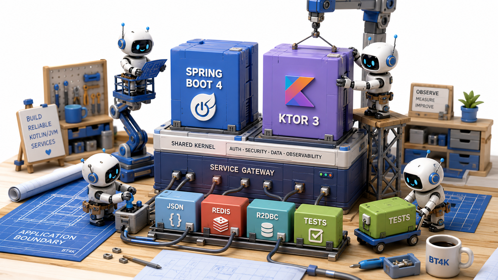 Small robotic builders assemble Spring Boot 4 and Ktor 3 application boundaries on top of the shared foundation