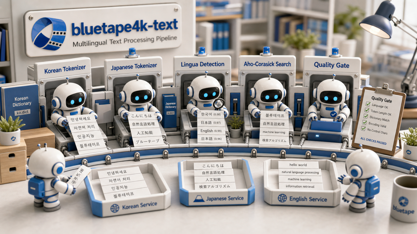 A 3D workbench illustration where robot librarians sort Korean, Japanese, and English text strips into tokenizer, language detection, Aho-Corasick search, and quality gate stations