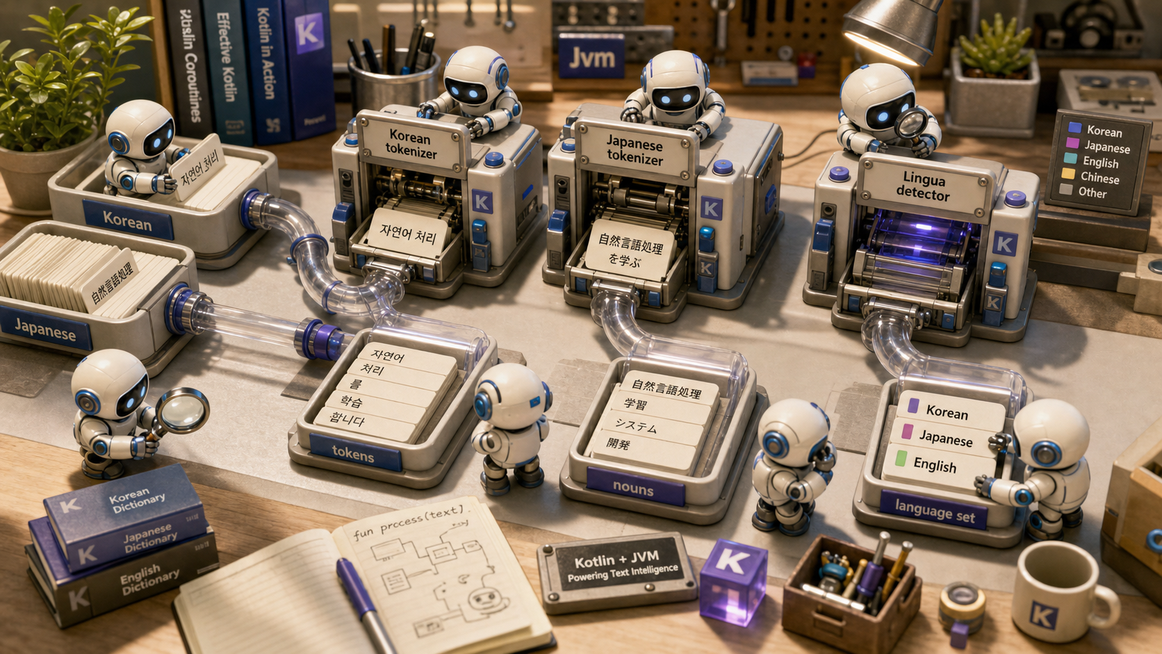 A 3D workbench illustration where robotic builders route multilingual text cards through Korean tokenizer, Japanese tokenizer, and Lingua detector machines