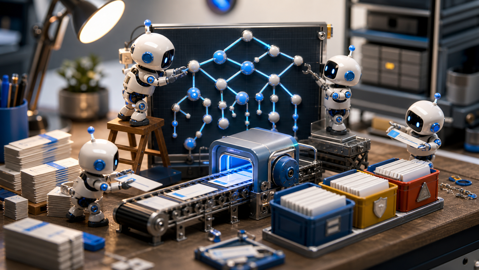A 3D workbench illustration where robotic builders assemble keyword cards, a trie-like automaton, a text scanner, and match output bins