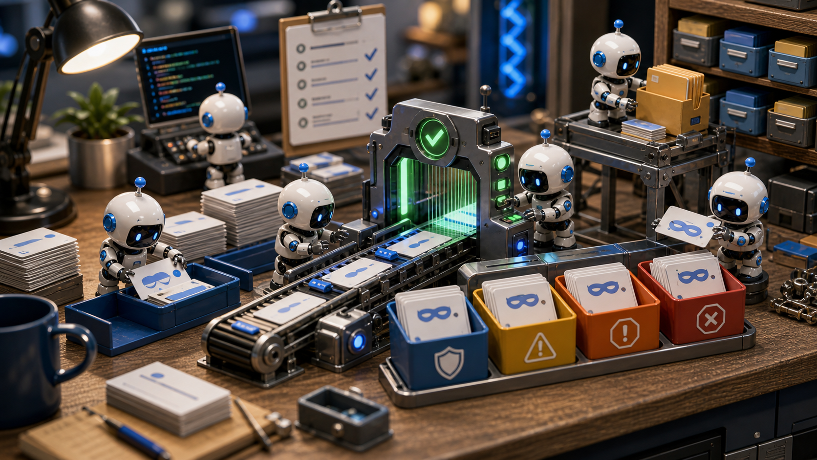 A workbench illustration where small robots remove duplicate dictionary cards and pass them through a test quality gate