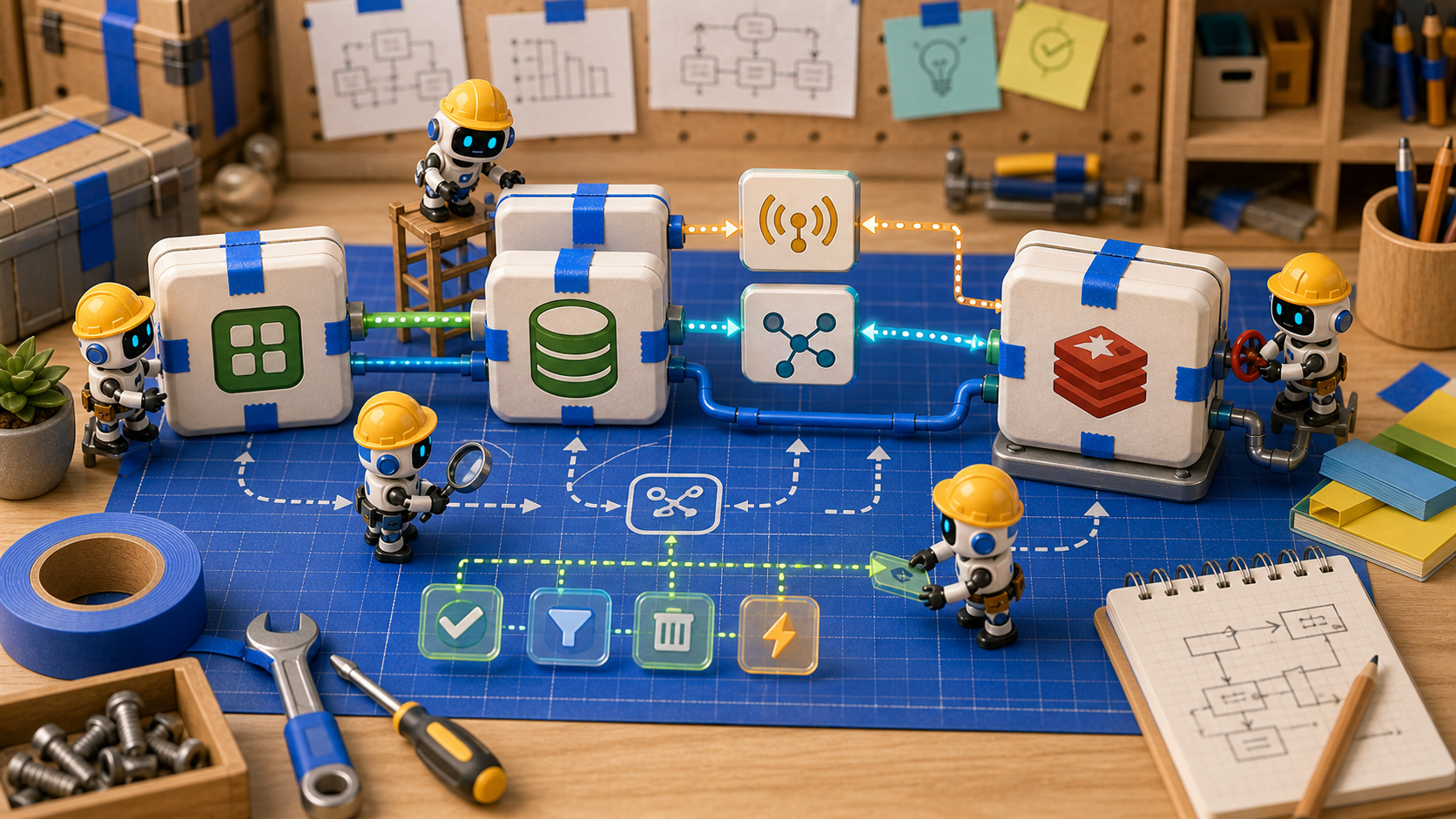 Near cache workbench with robot workers connecting local and remote cache blocks