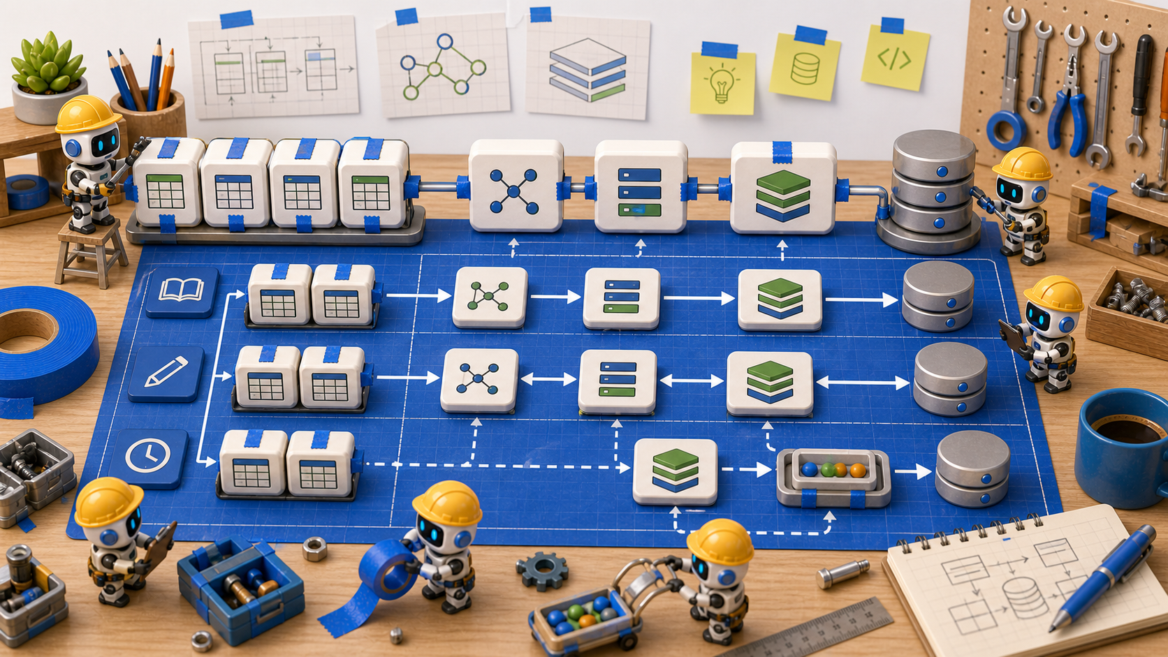 Exposed repository cache strategy workbench with robot workers and cache pipelines