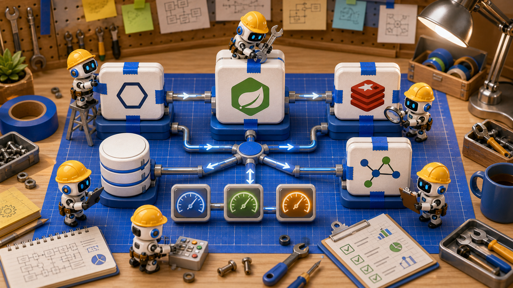 Spring Boot cache workshop workbench with robot workers, service blocks, Redis, local cache, and benchmark gauges