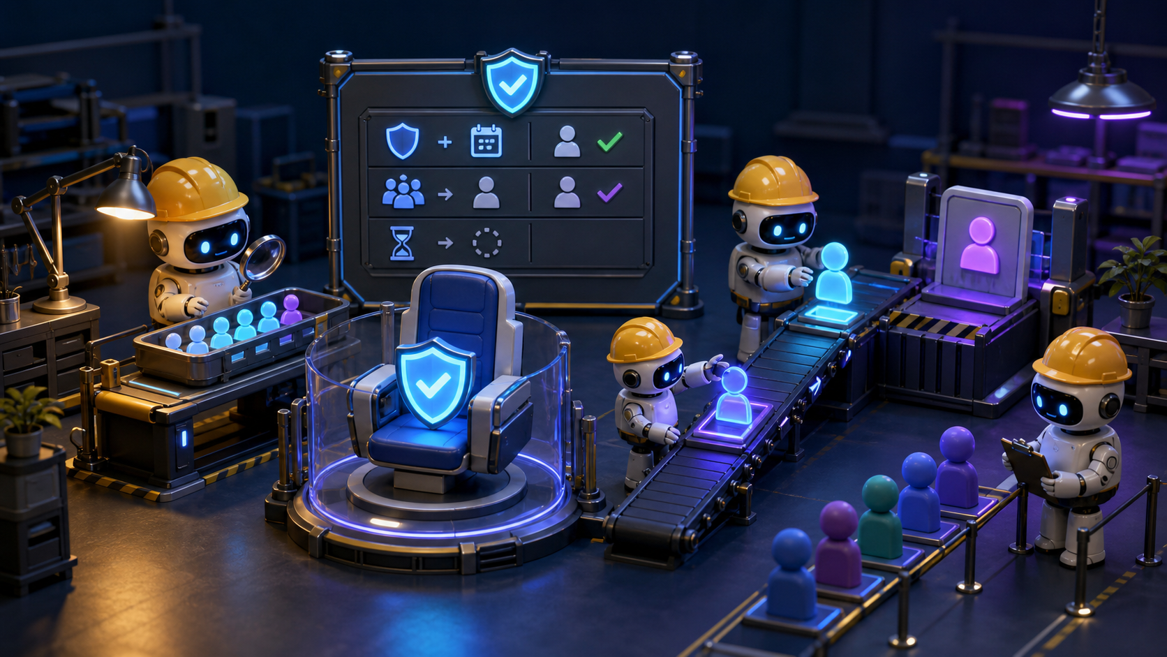 Small robot workers showing the boundaries between Patient A's reliability decision, clinic policy, and a waitlist offer