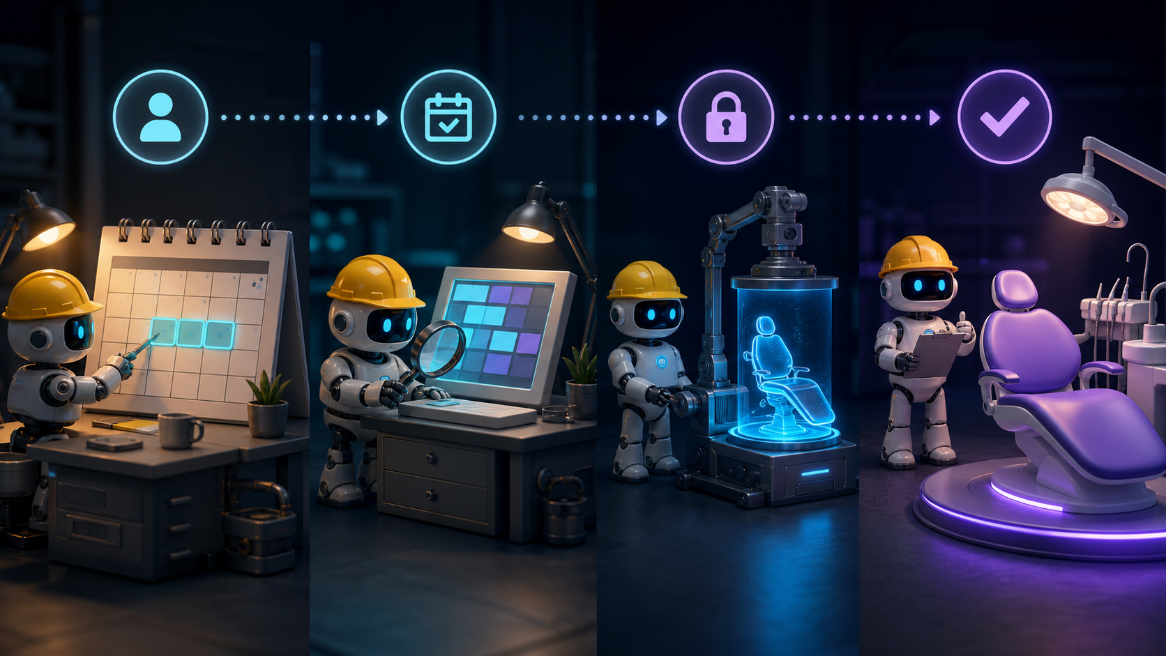 Small robotic builders connect a preferred visit date to a clinic proposal, resource allocation, consent, and appointment confirmation