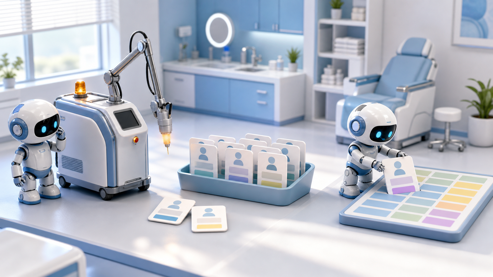 Two robots move affected appointment cards from an unavailable laser device to a replacement timetable