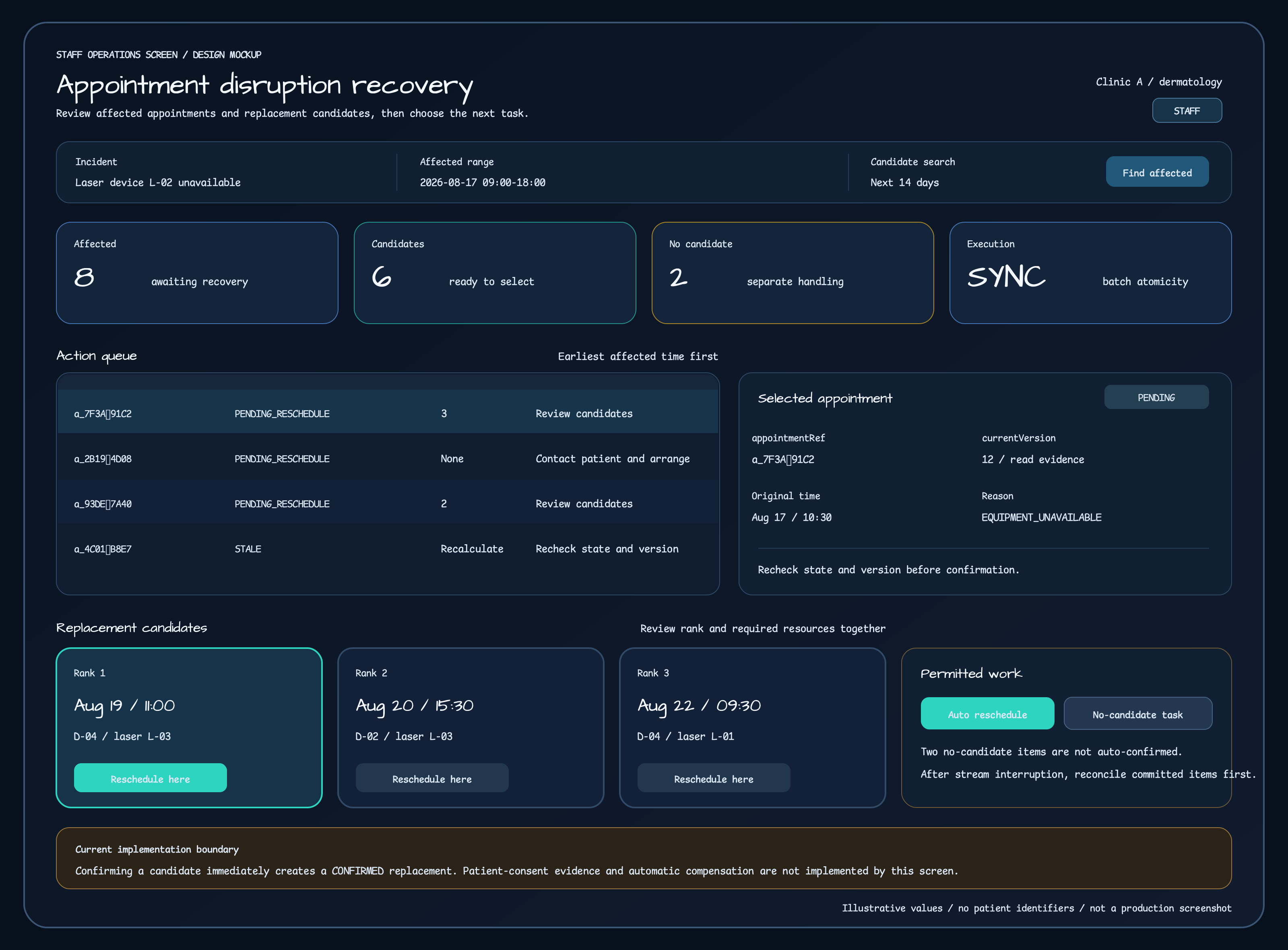 STAFF recovery screen showing equipment downtime, the affected range, eight affected appointments, six with candidates, two without candidates, an action queue, one anonymous selected appointment, three replacement candidates, and the available operations