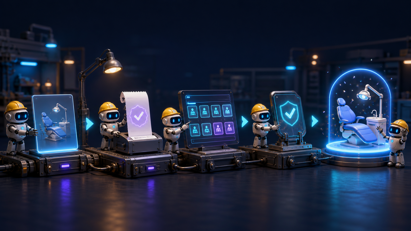 Small robot workers connecting catalog data, purchase documents, a reservation plan, candidate times, and a confirmed visit promise on one workbench