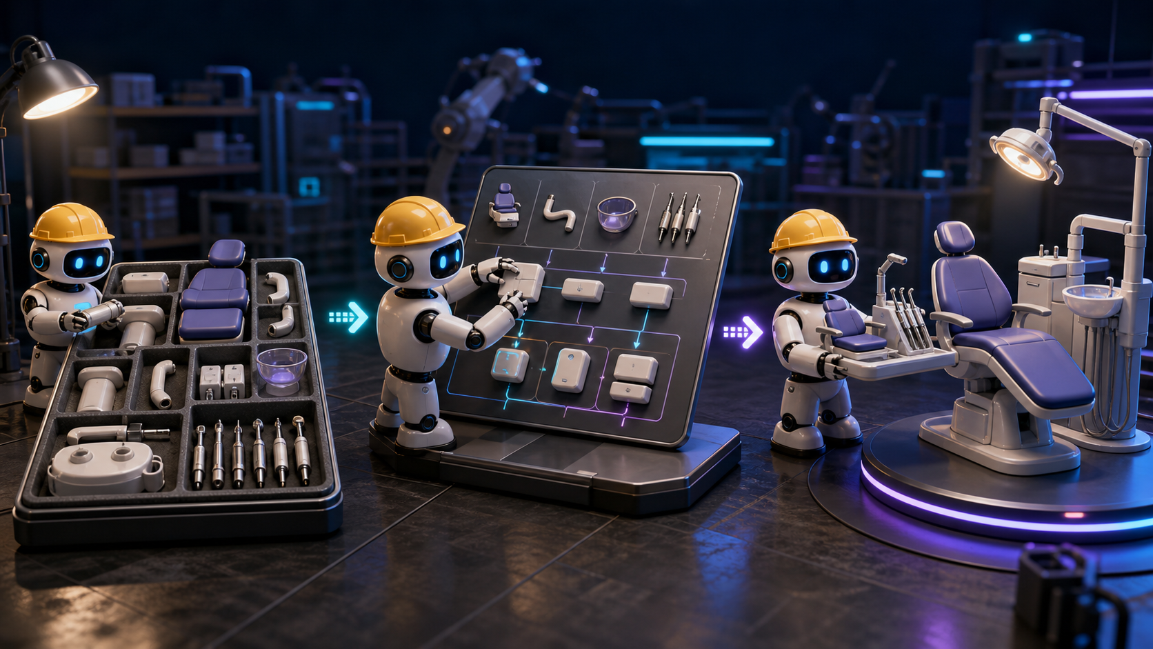 Small robotic builders connect a purchase event, a product BOM, a plan revision, visit items, and resource allocations into one business flow