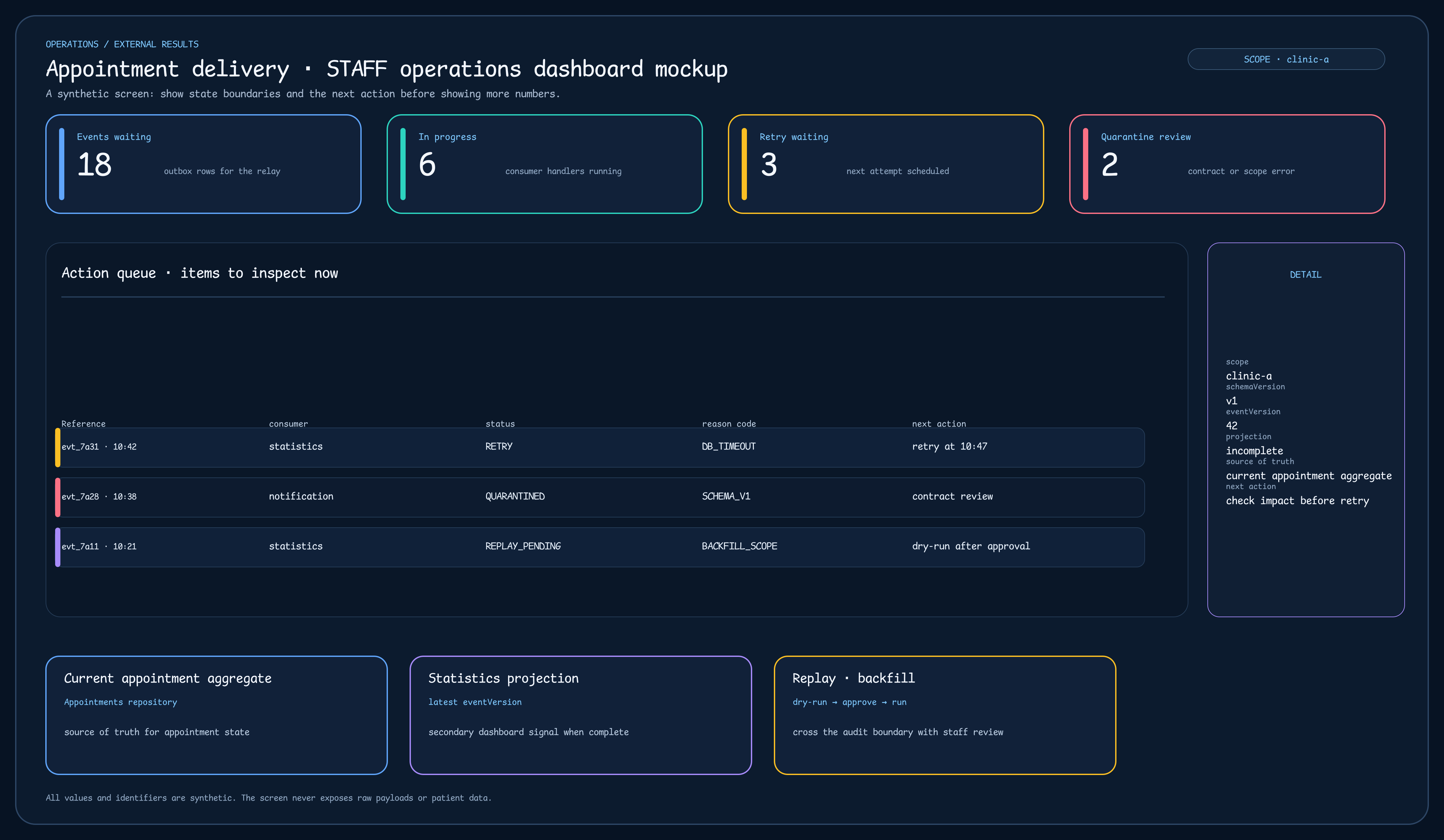 A STAFF operations dashboard showing events waiting, in progress, retry waiting, quarantine review, an appointment result action queue, selected scope and schemaVersion details, projection status, current appointment aggregate, statistics projection, and replay-backfill boundaries