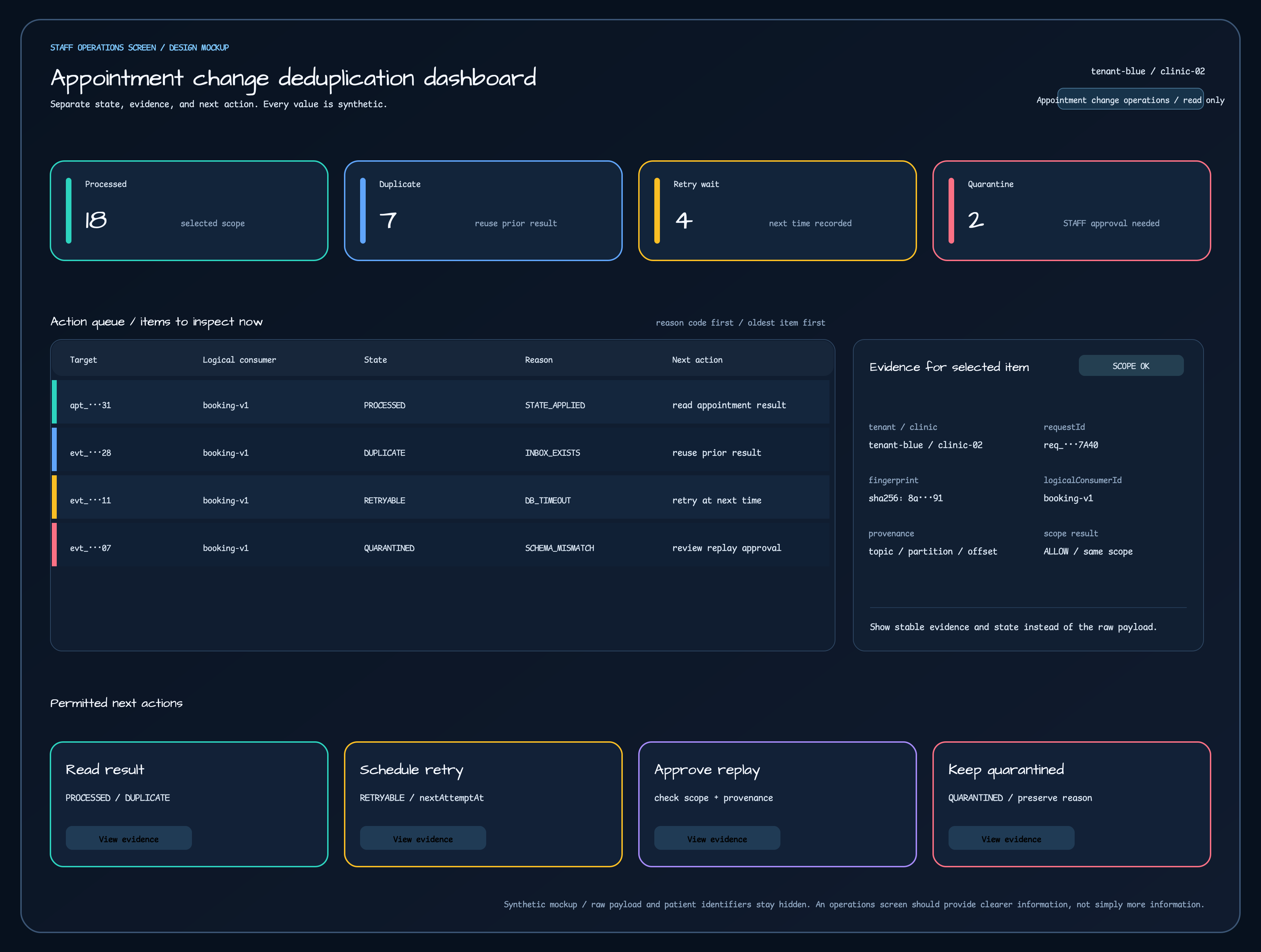 A STAFF operations screen showing tenant and clinic scope, processed, duplicate, retry-wait, and quarantine metrics, an action queue with target, logical consumer, state, reason, and next action, an evidence panel with requestId, fingerprint, and provenance, and permitted next actions